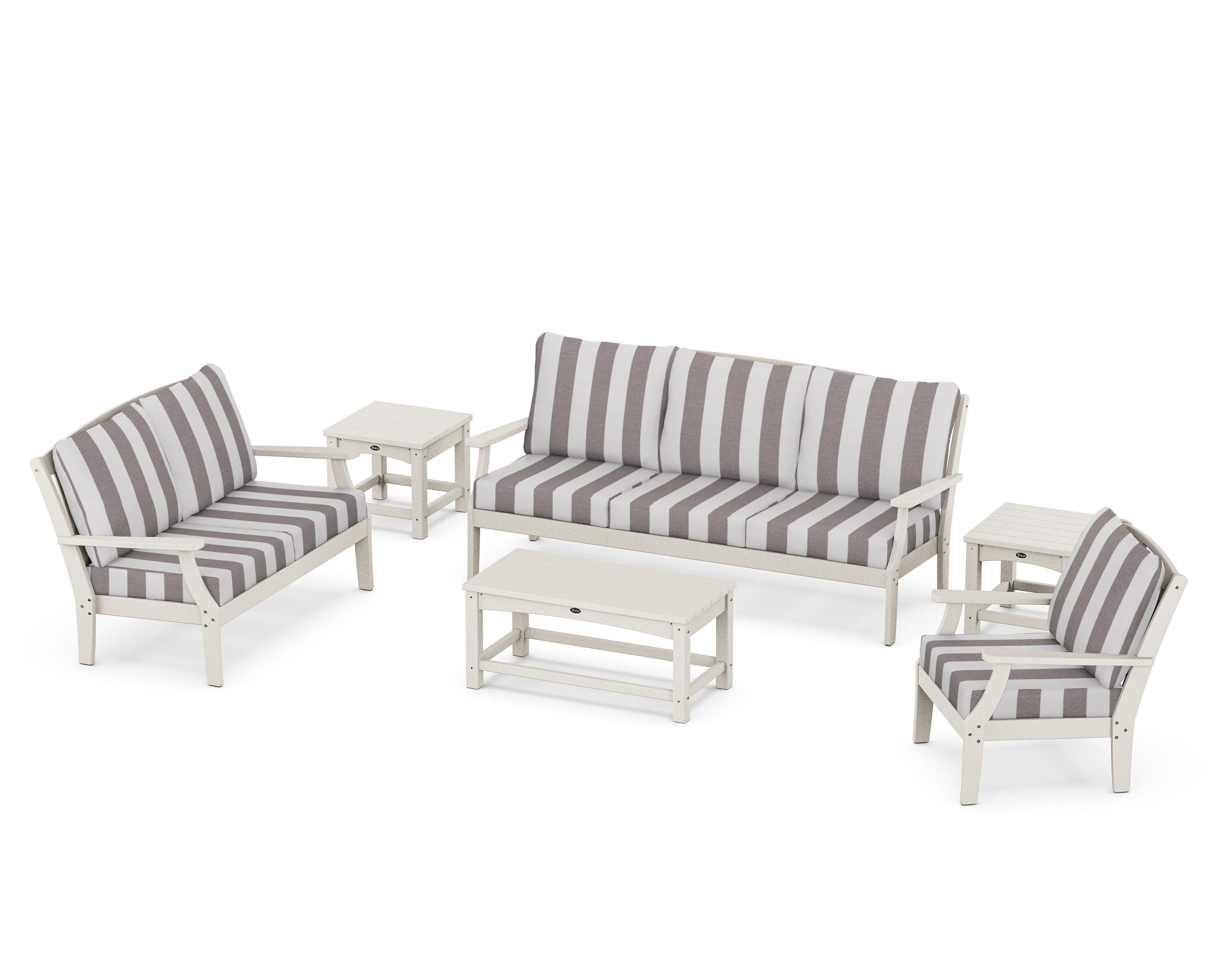 Yacht Club 6-Piece Deep Seating Set in Sand Castle / Cabana Stripe Grey Mist