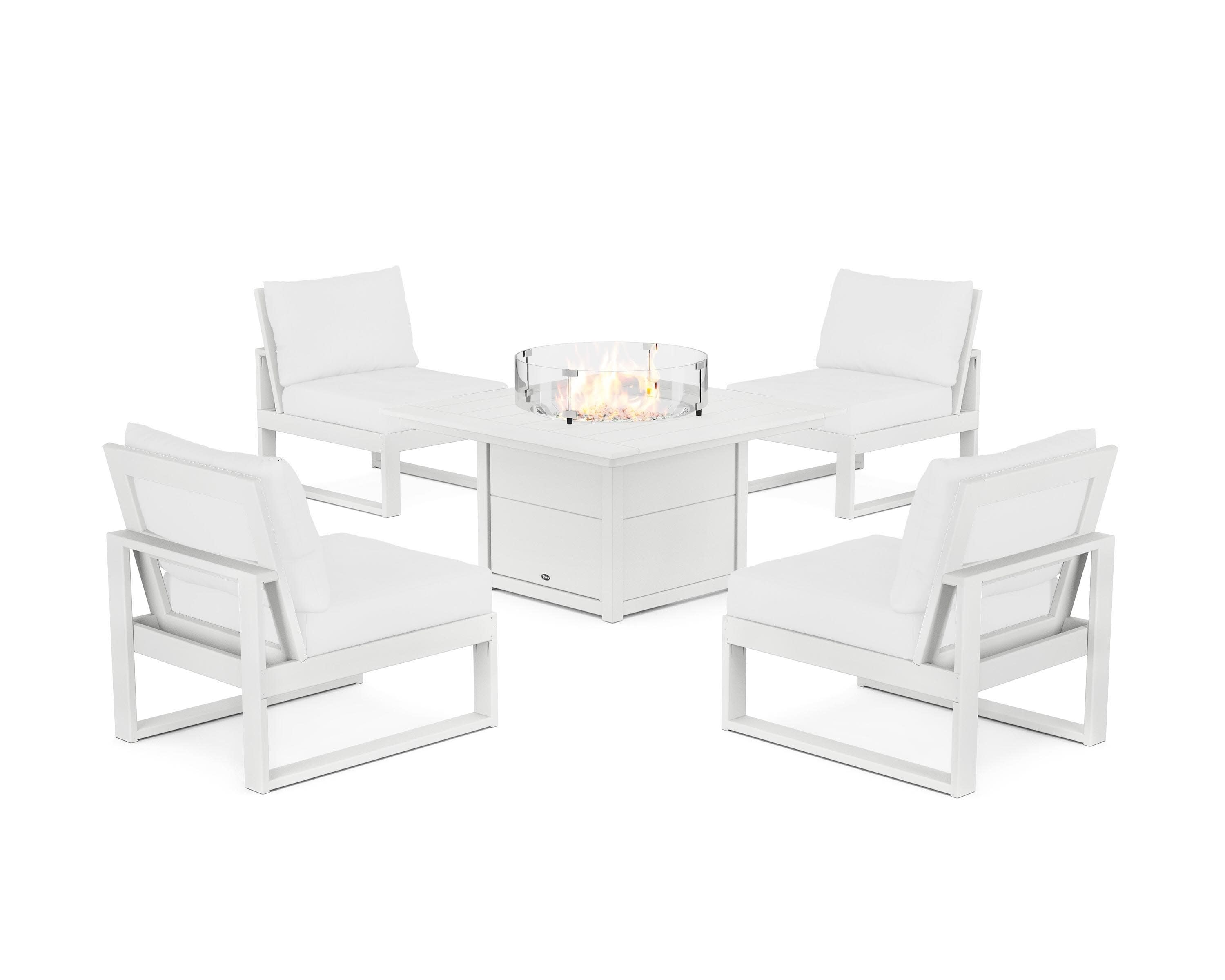 Eastport Modular 5-Piece Deep Seating Set with Square Fire Pit Table in Classic White / Natural
