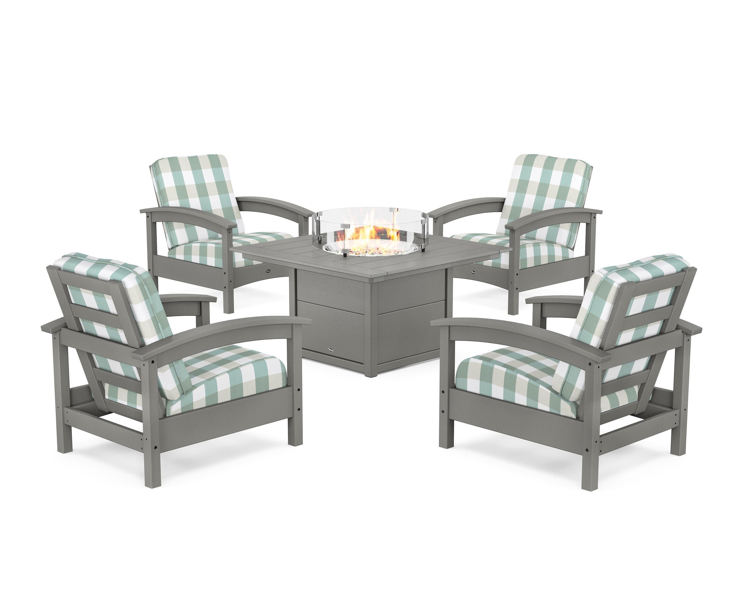 Rockport 5-Piece Deep Seating Set with Square Fire Pit Table in Stepping Stone / Buffalo Plaid Glacier Spa