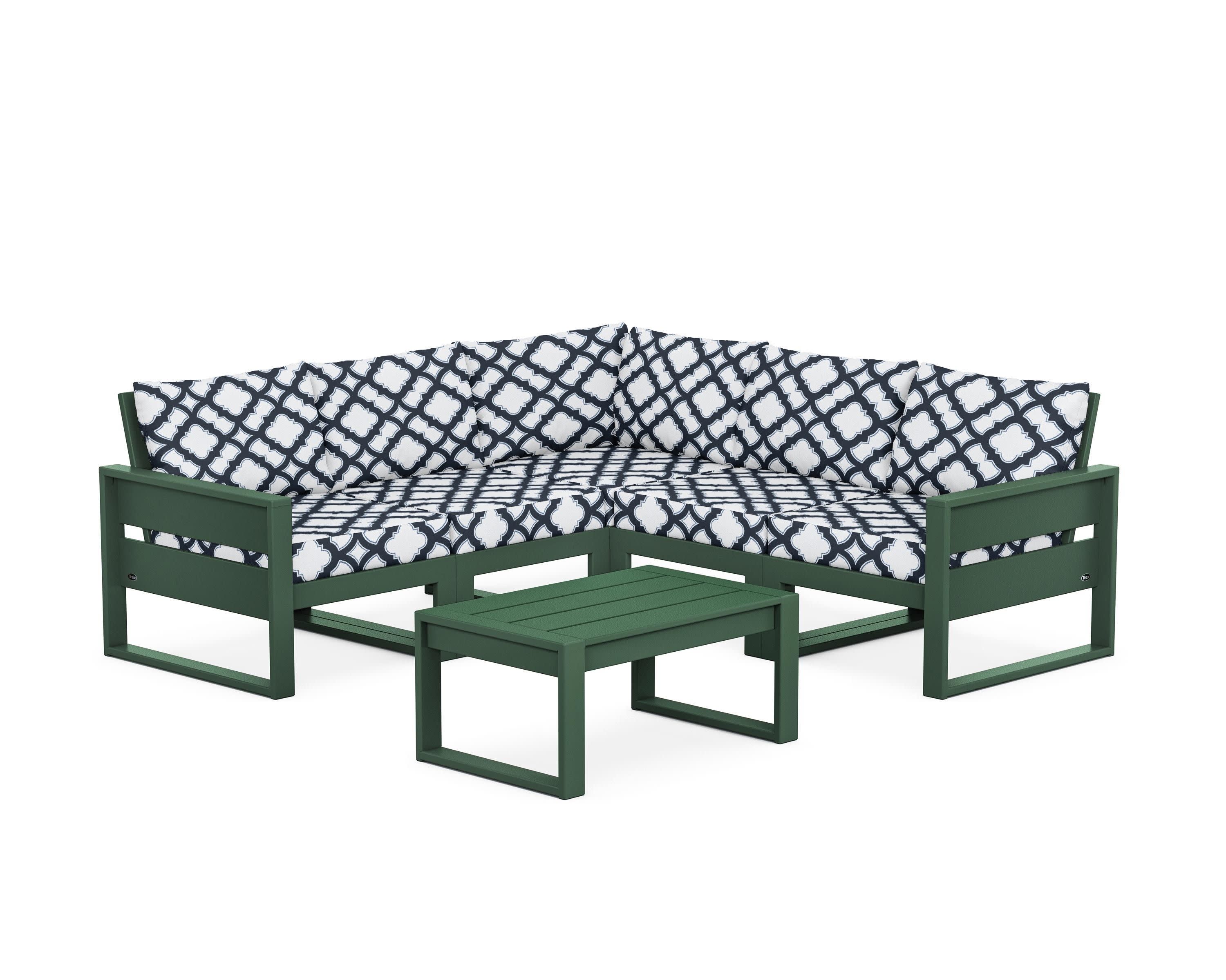 Eastport 6-Piece Deep Seating Sectional + Coffee Table Set in Rainforest Canopy / Trellis Marine Indigo