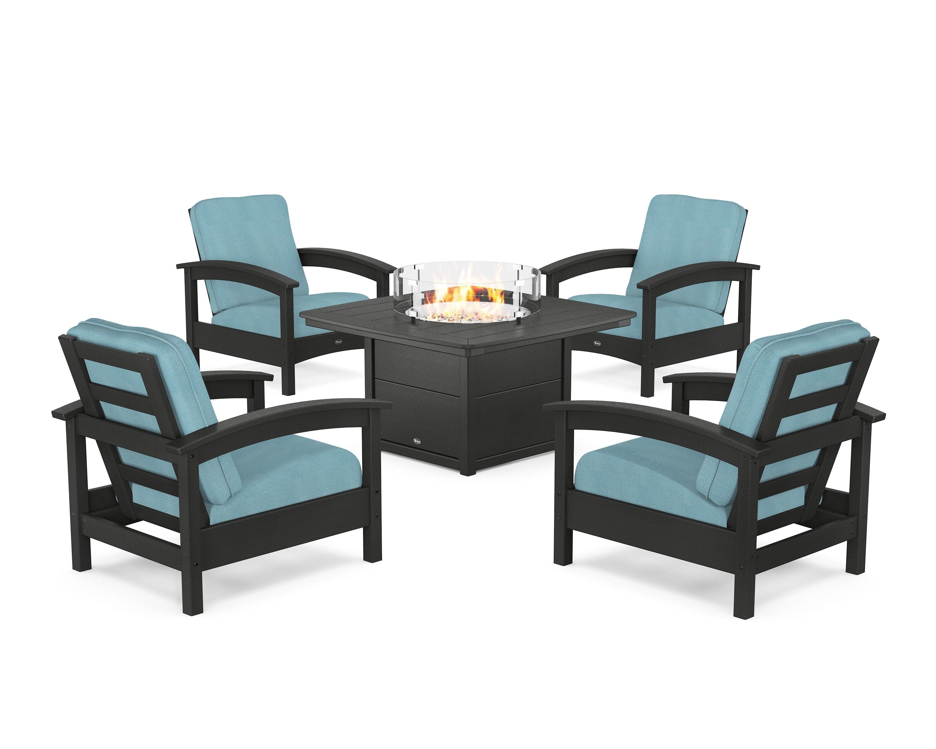Rockport 5-Piece Deep Seating Set with Yacht Club Fire Pit Table in Charcoal Black / Lattice Sky Blue