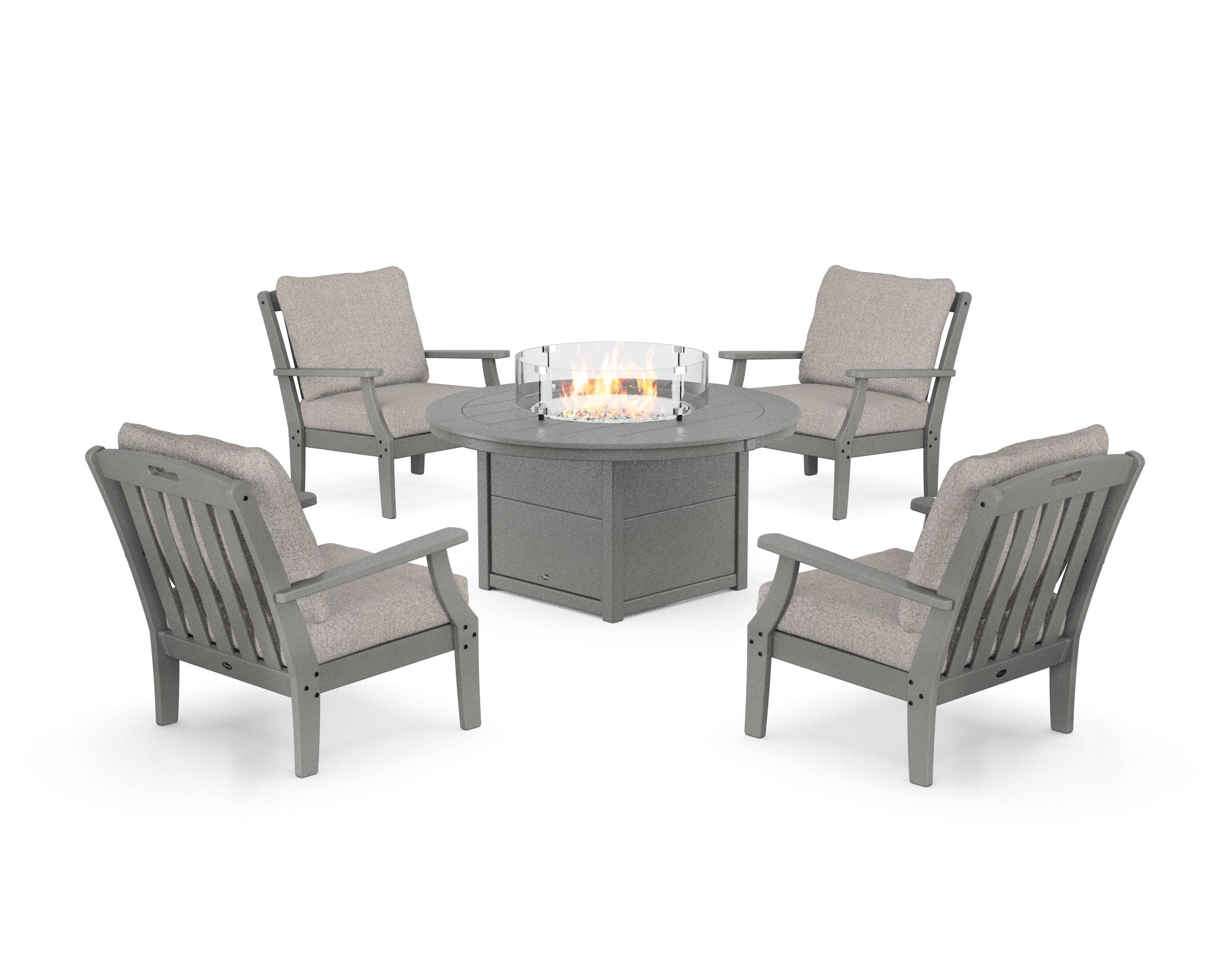 Yacht Club 5-Piece Deep Seating Set with Round Fire Pit Table in Stepping Stone / Weathered Tweed