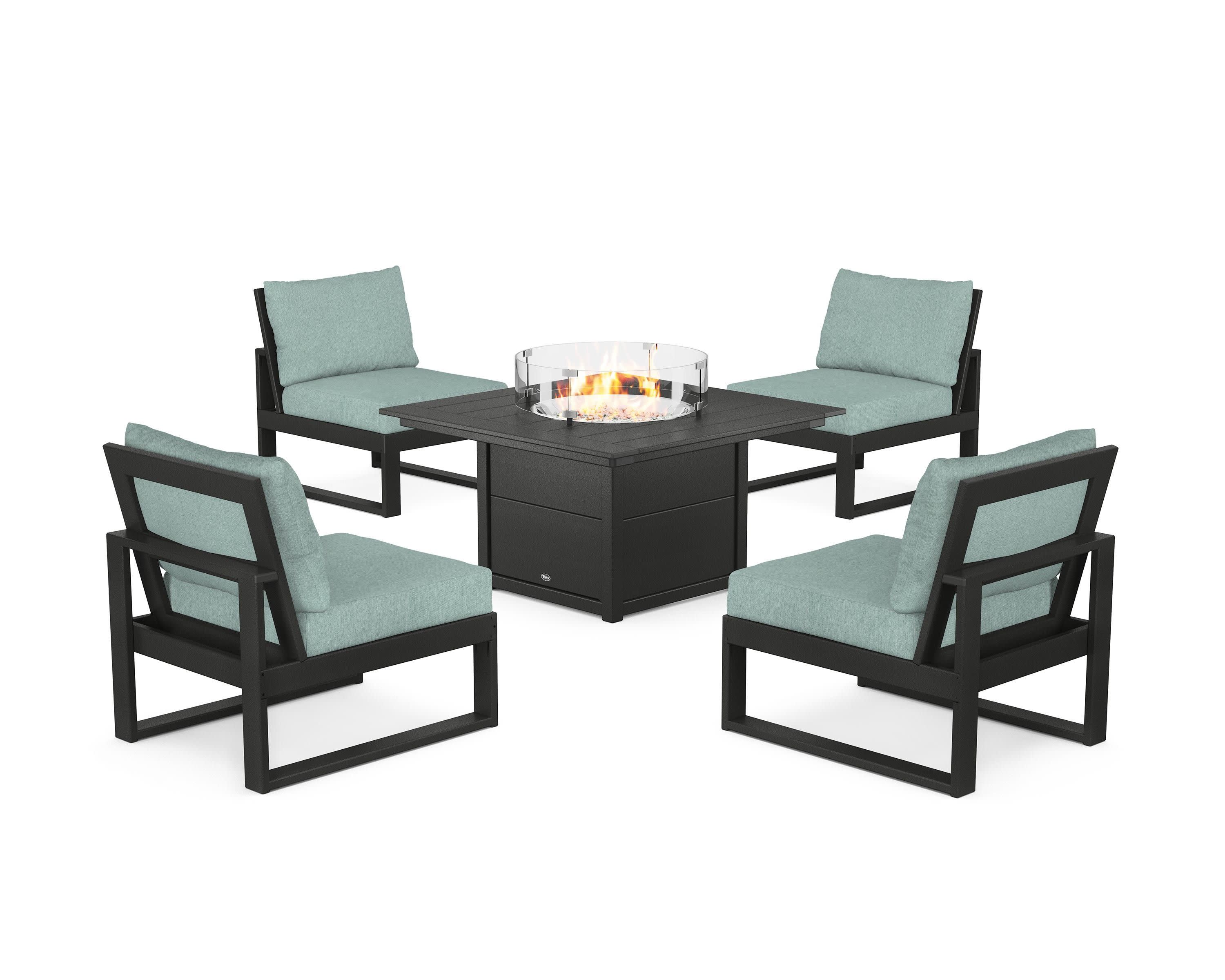 Eastport Modular 5-Piece Deep Seating Set with Square Fire Pit Table in Charcoal Black / Glacier Spa