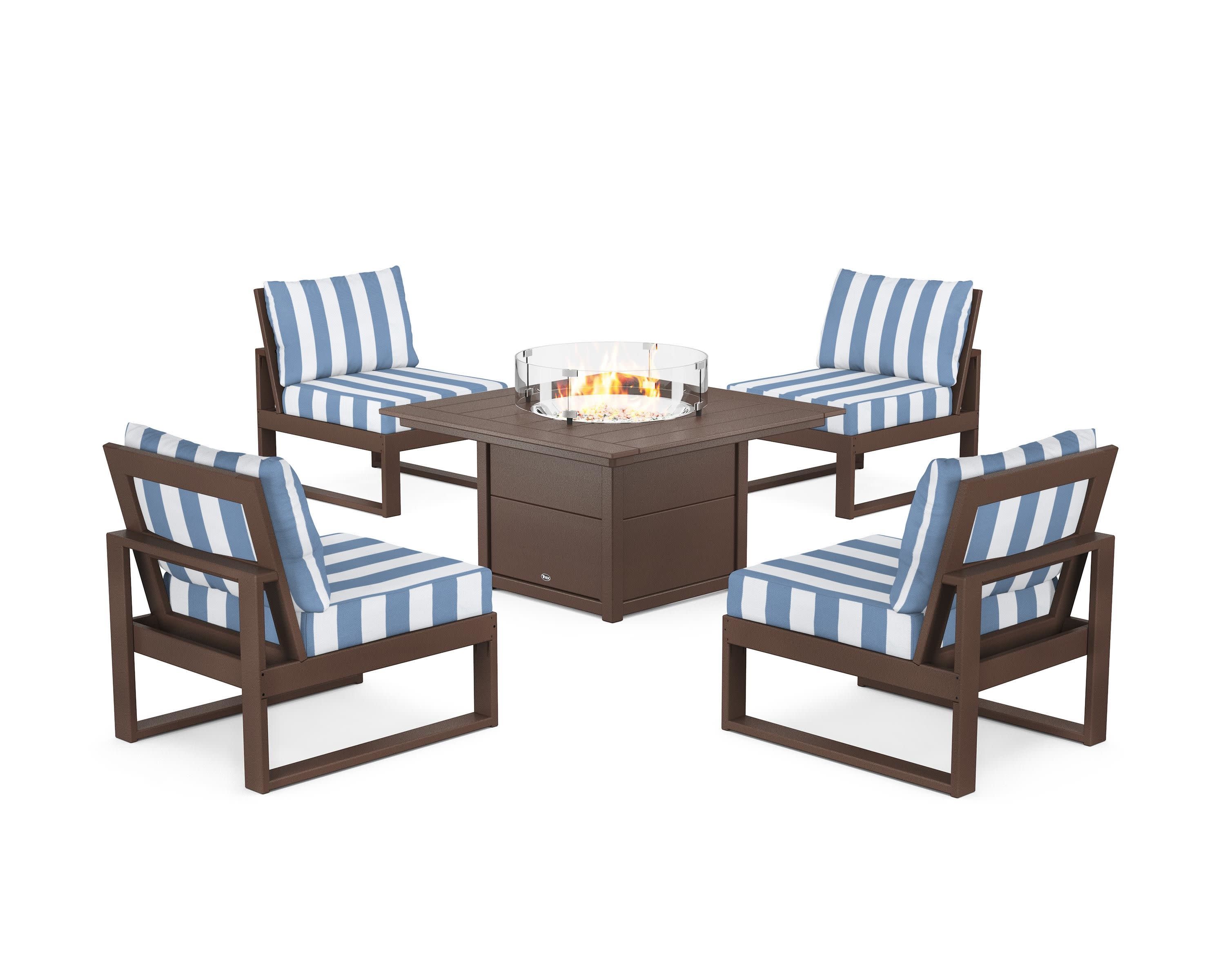 Eastport Modular 5-Piece Deep Seating Set with Square Fire Pit Table in Vintage Lantern / Cabana Stripe Sky Blue