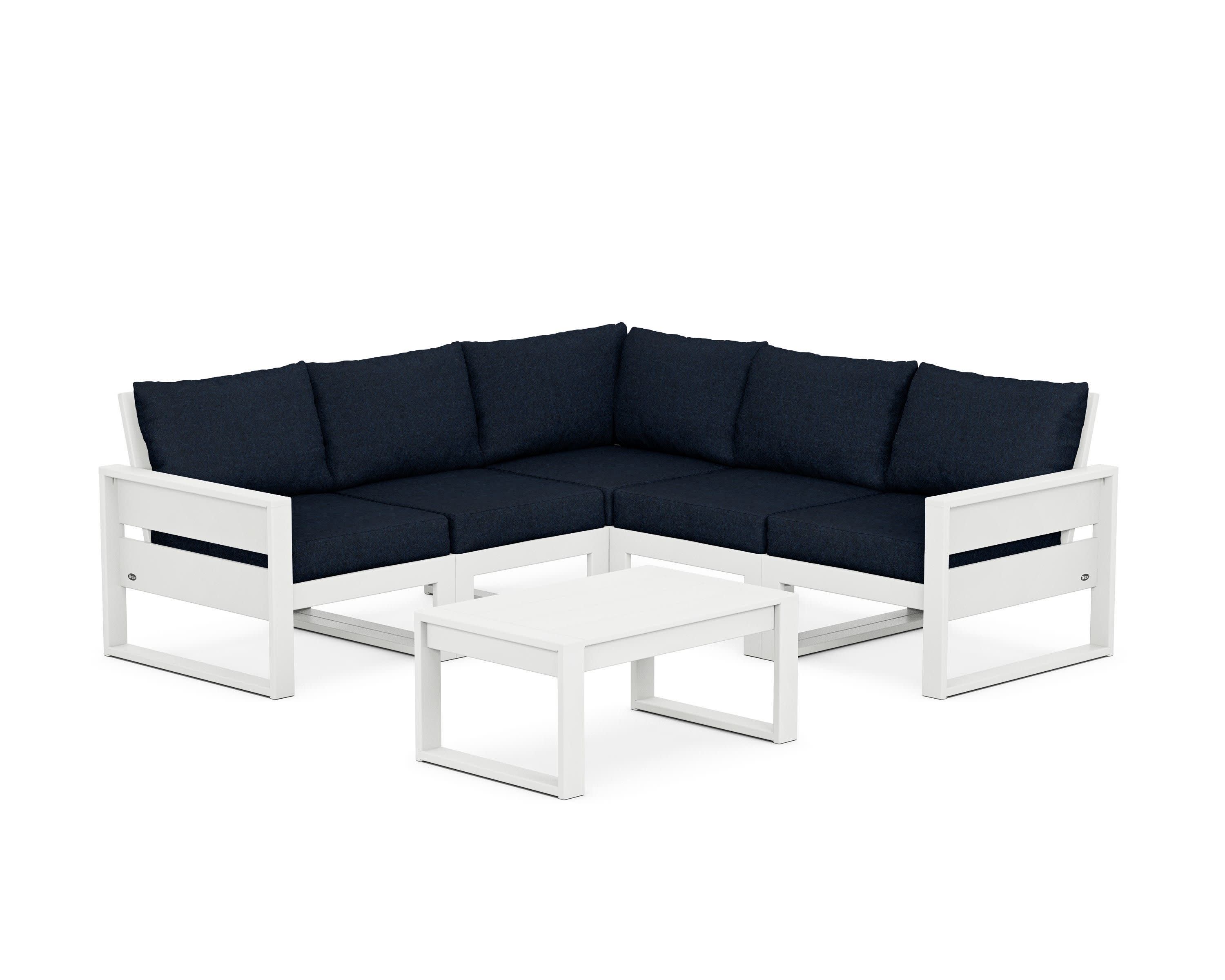Eastport 6-Piece Deep Seating Sectional + Coffee Table Set in Classic White / Marine Indigo