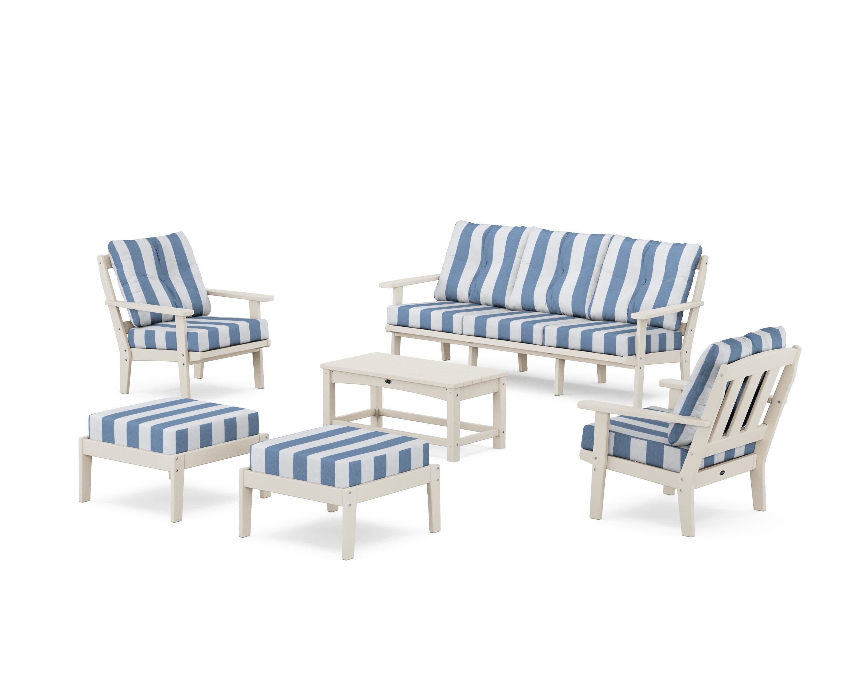 Cape Cod 6-Piece Lounge Sofa Set in Sand Castle / Cabana Stripe Sky Blue