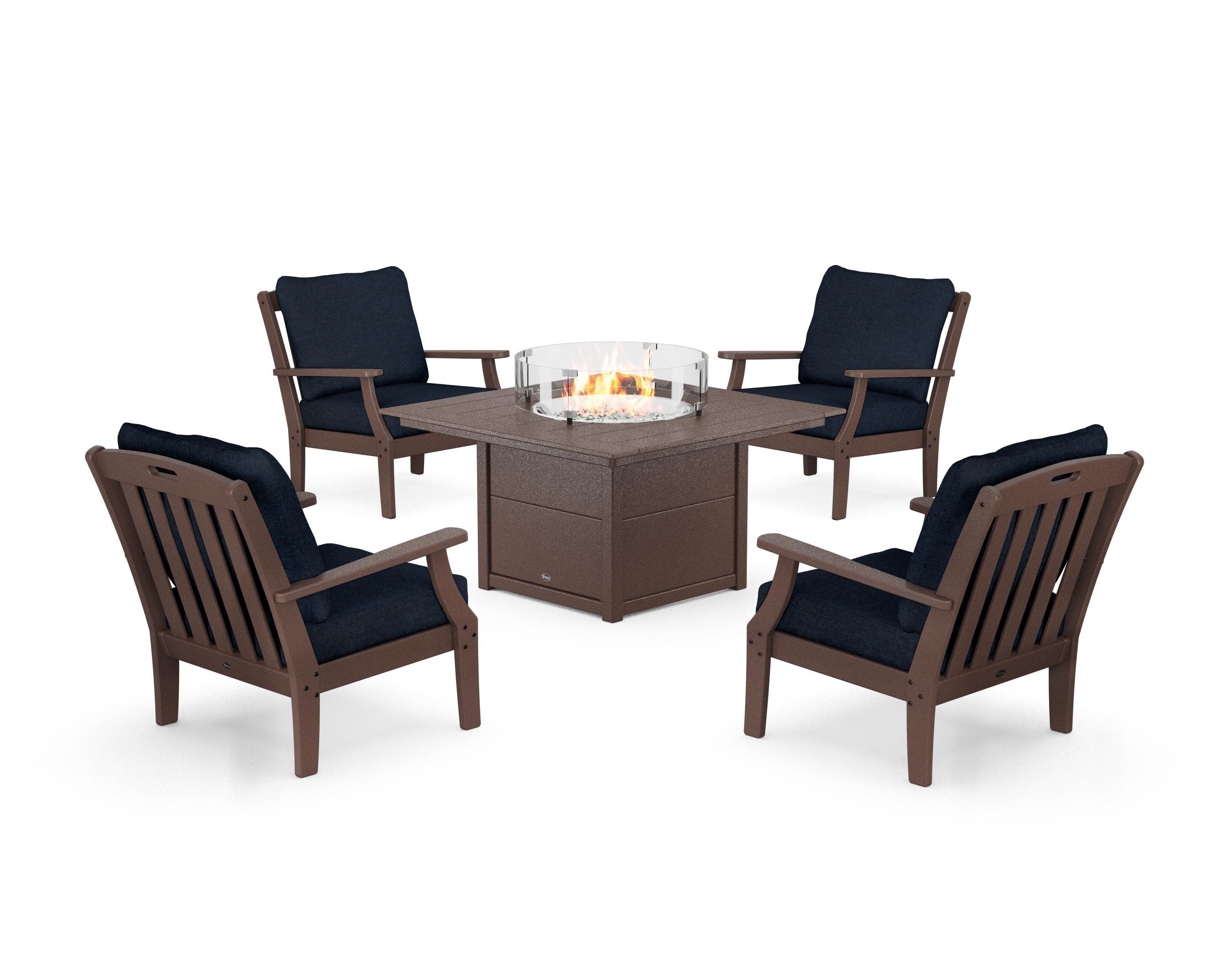 Yacht Club 5-Piece Deep Seating Set with Square Fire Pit Table in Vintage Lantern / Marine Indigo