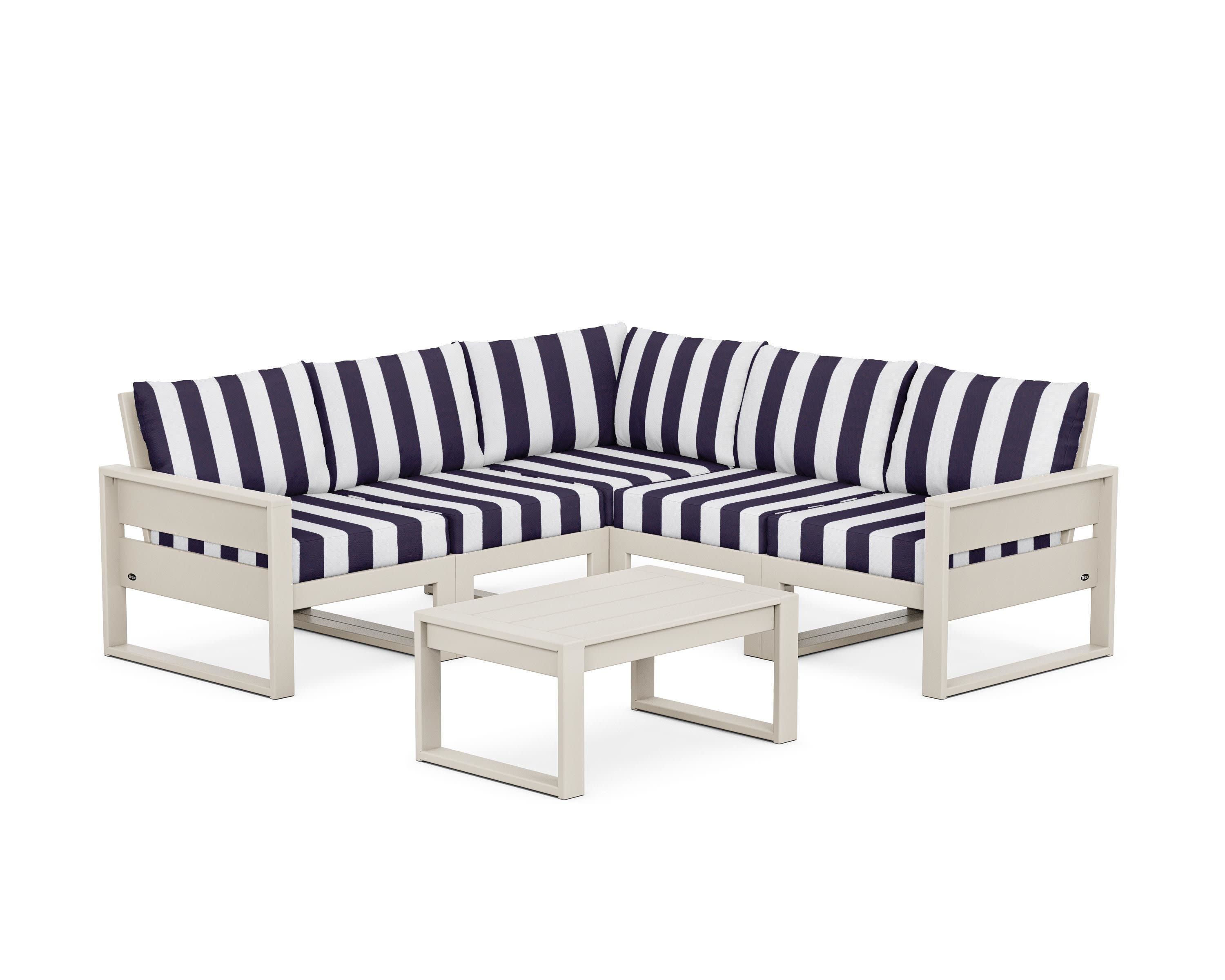Eastport 6-Piece Deep Seating Sectional + Coffee Table Set in Sand Castle / Cabana Stripe Navy