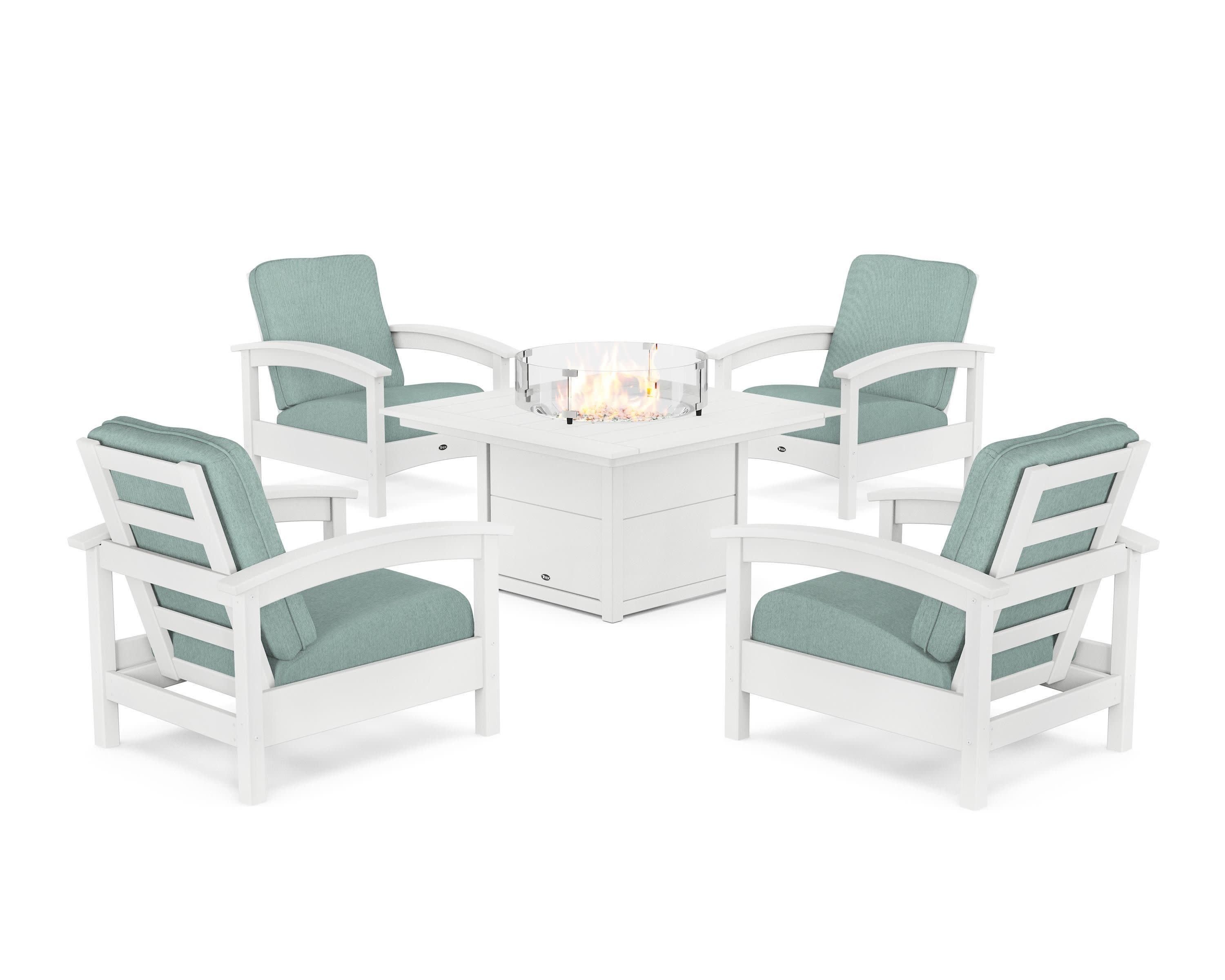 Rockport 5-Piece Deep Seating Set with Square Fire Pit Table in Classic White / Glacier Spa