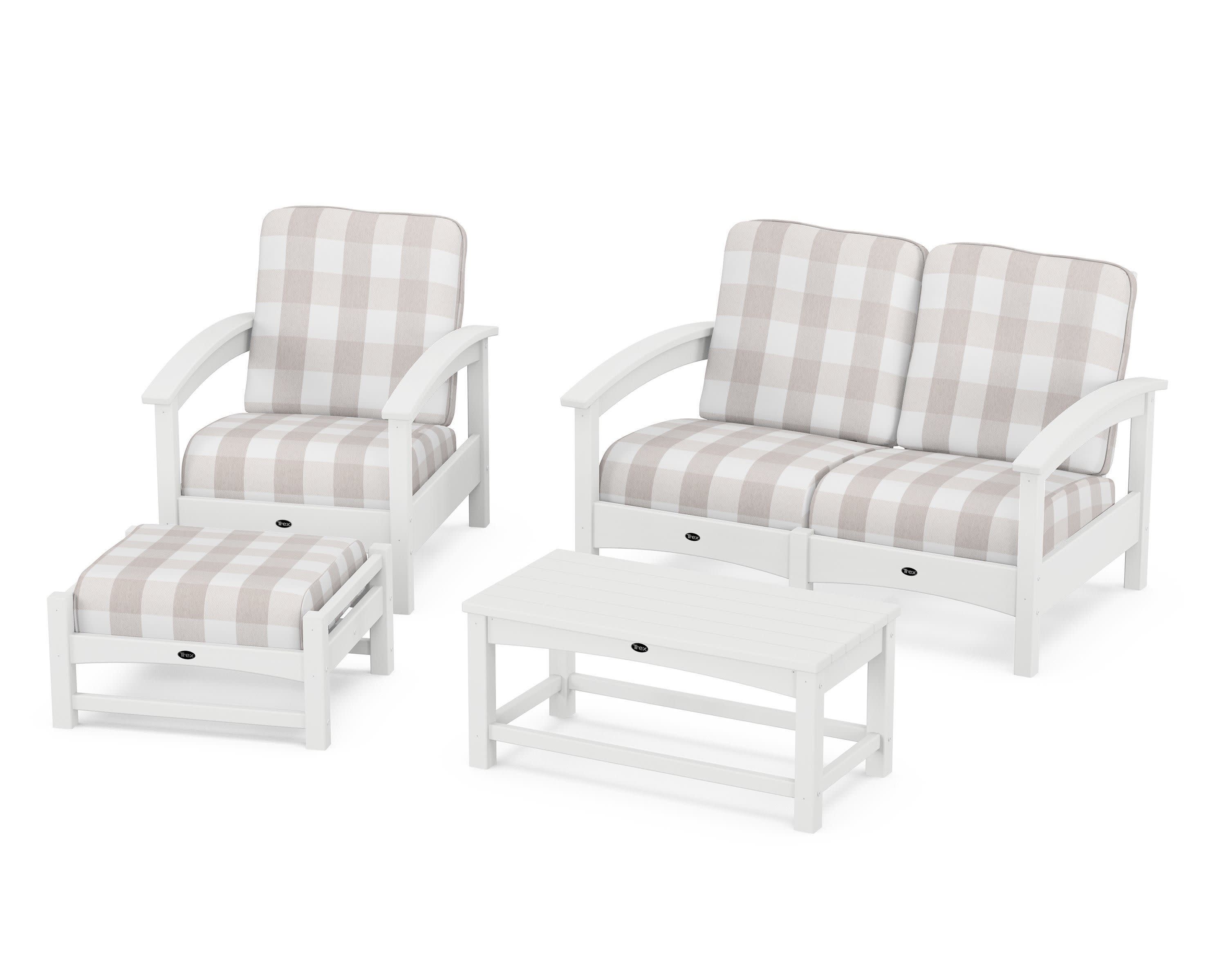 Rockport 4-Piece Deep Seating Conversation Group in Classic White / Buffalo Plaid Dune Burlap