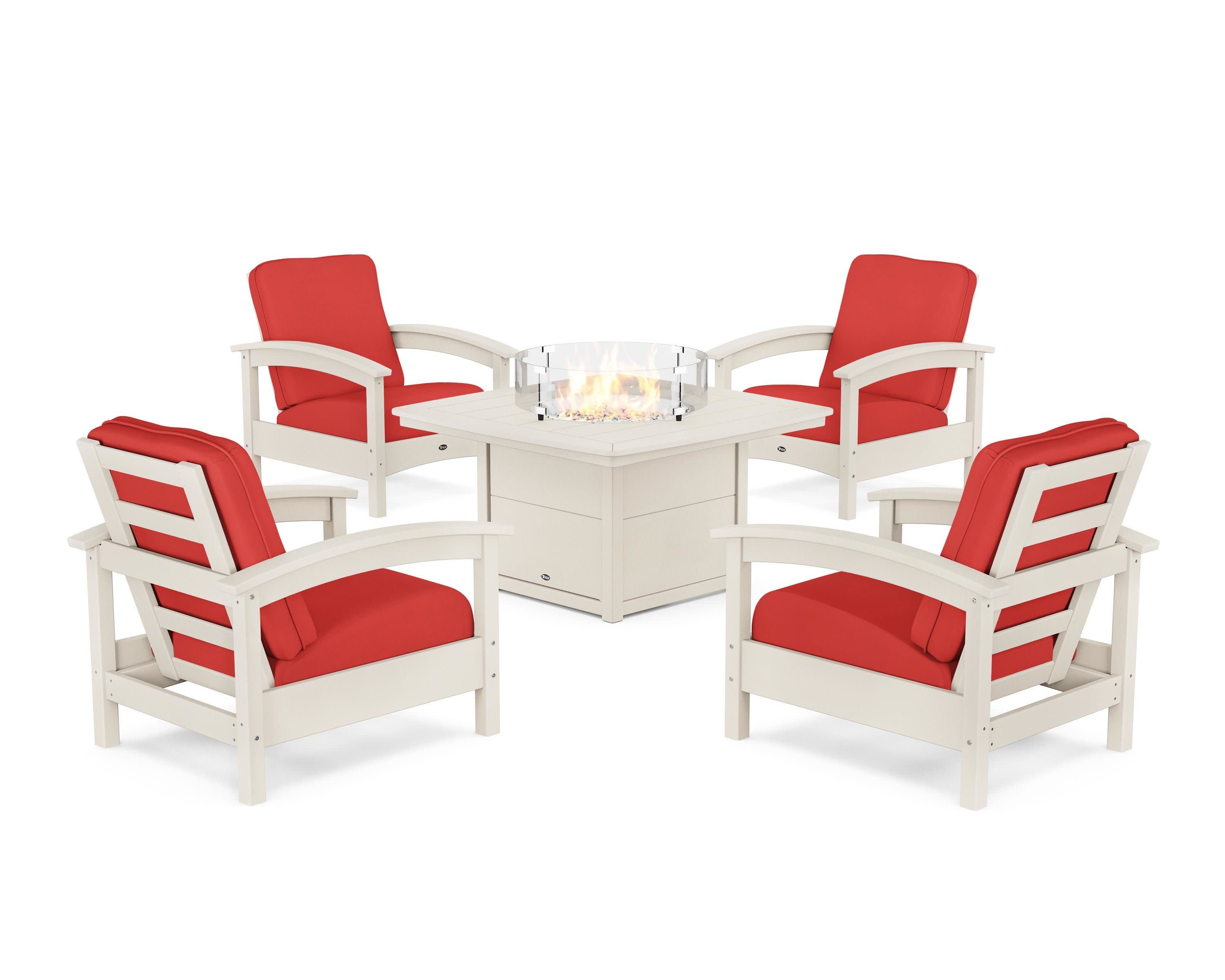 Rockport 5-Piece Deep Seating Set with Yacht Club Fire Pit Table in Sand Castle / Crimson Linen