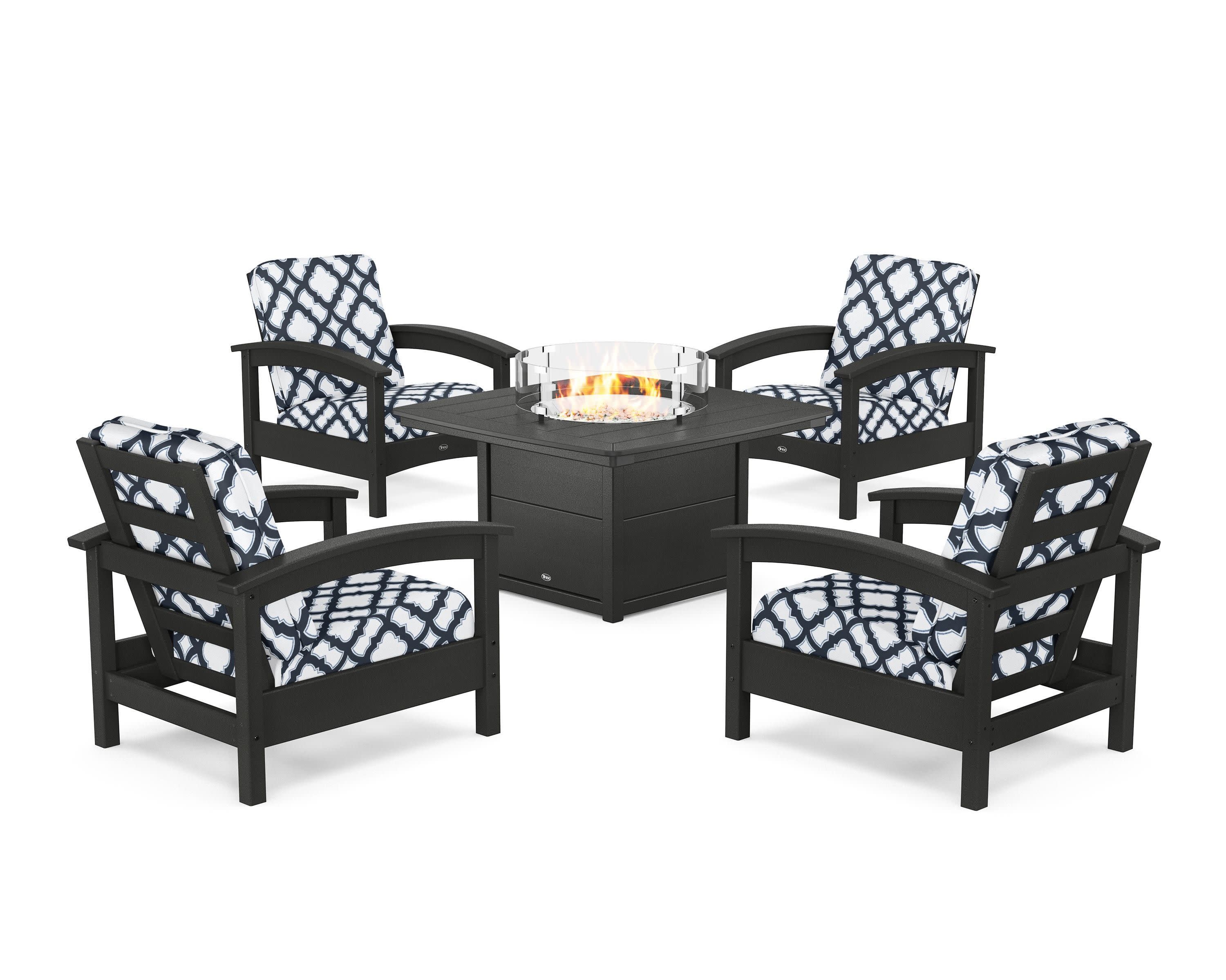 Rockport 5-Piece Deep Seating Set with Yacht Club Fire Pit Table in Charcoal Black / Trellis Marine Indigo