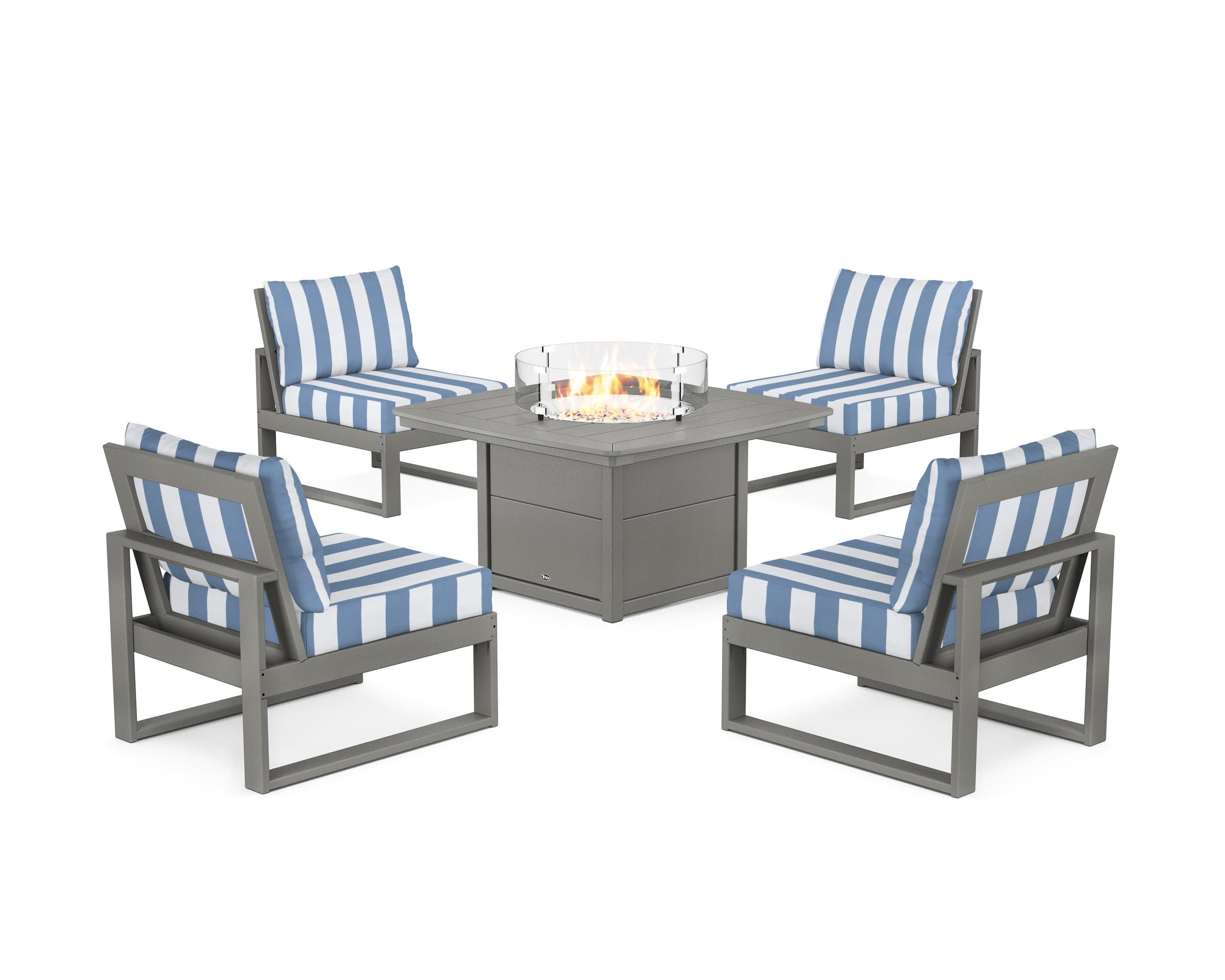 Eastport Modular 5-Piece Deep Seating Set with Yacht Club Fire Pit Table in Stepping Stone / Cabana Stripe Sky Blue