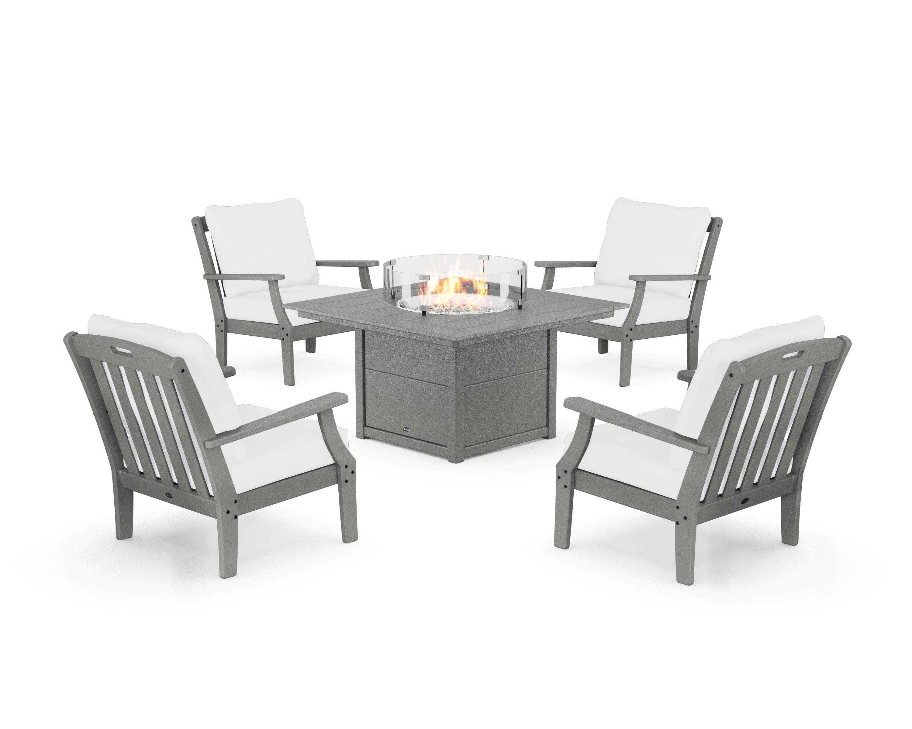Yacht Club 5-Piece Deep Seating Set with Square Fire Pit Table in Stepping Stone / Natural