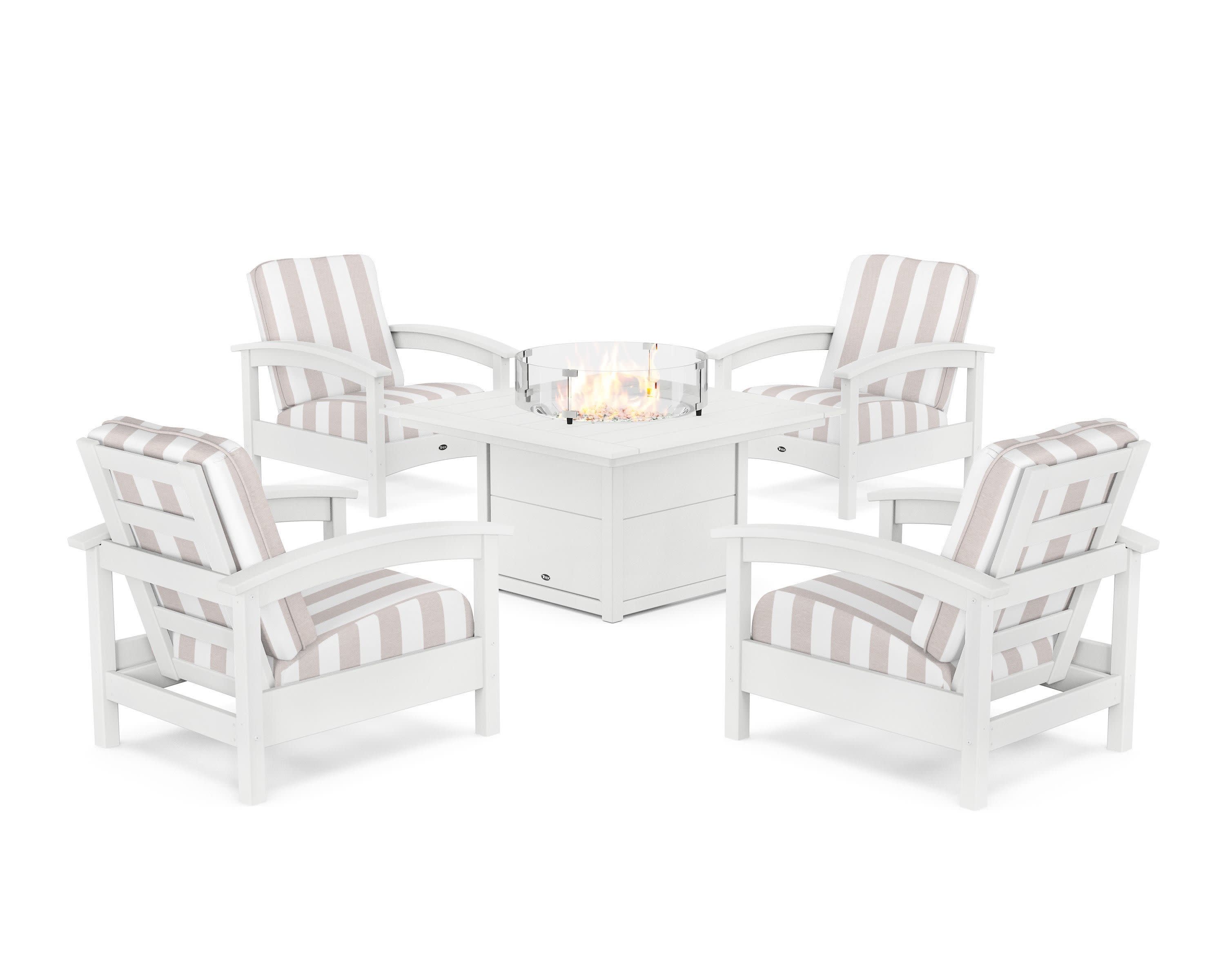 Rockport 5-Piece Deep Seating Set with Square Fire Pit Table in Classic White / Cabana Stripe Dune Burlap