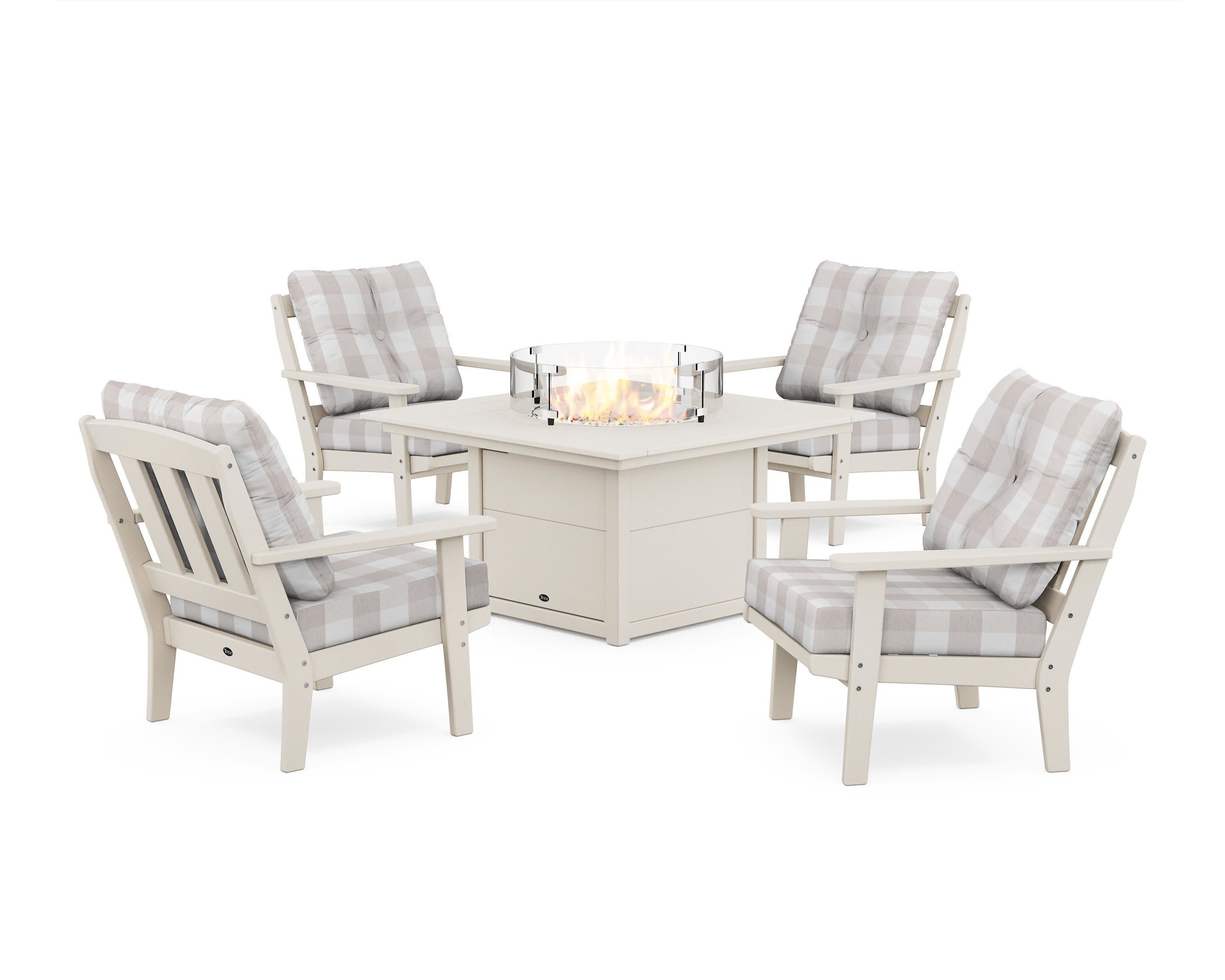 Cape Cod 5-Piece Deep Seating Set with Fire Pit Table in Sand Castle / Buffalo Plaid Dune Burlap