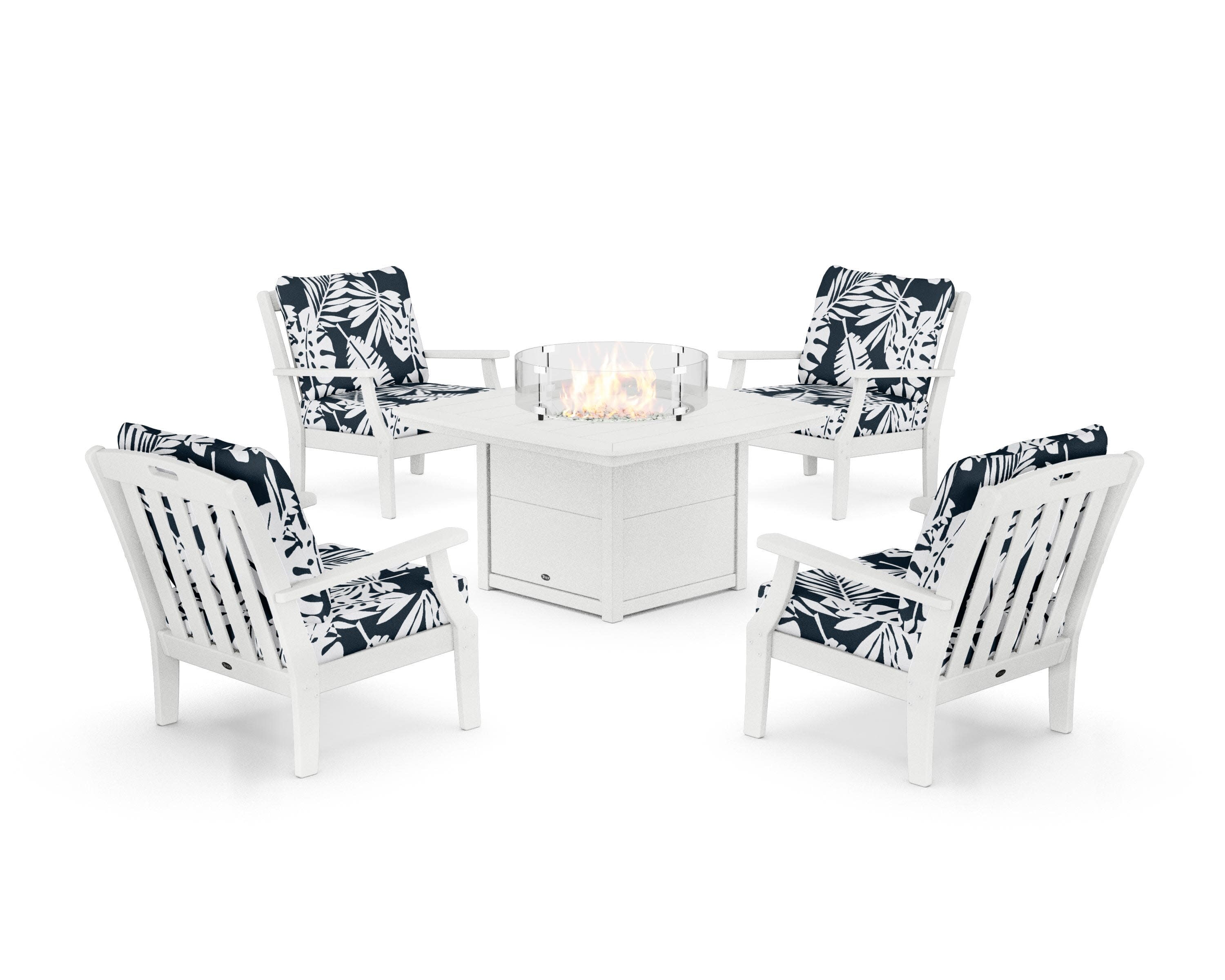 Yacht Club 5-Piece Deep Seating Set with Fire Pit Table in Classic White / Leaf Marine Indigo