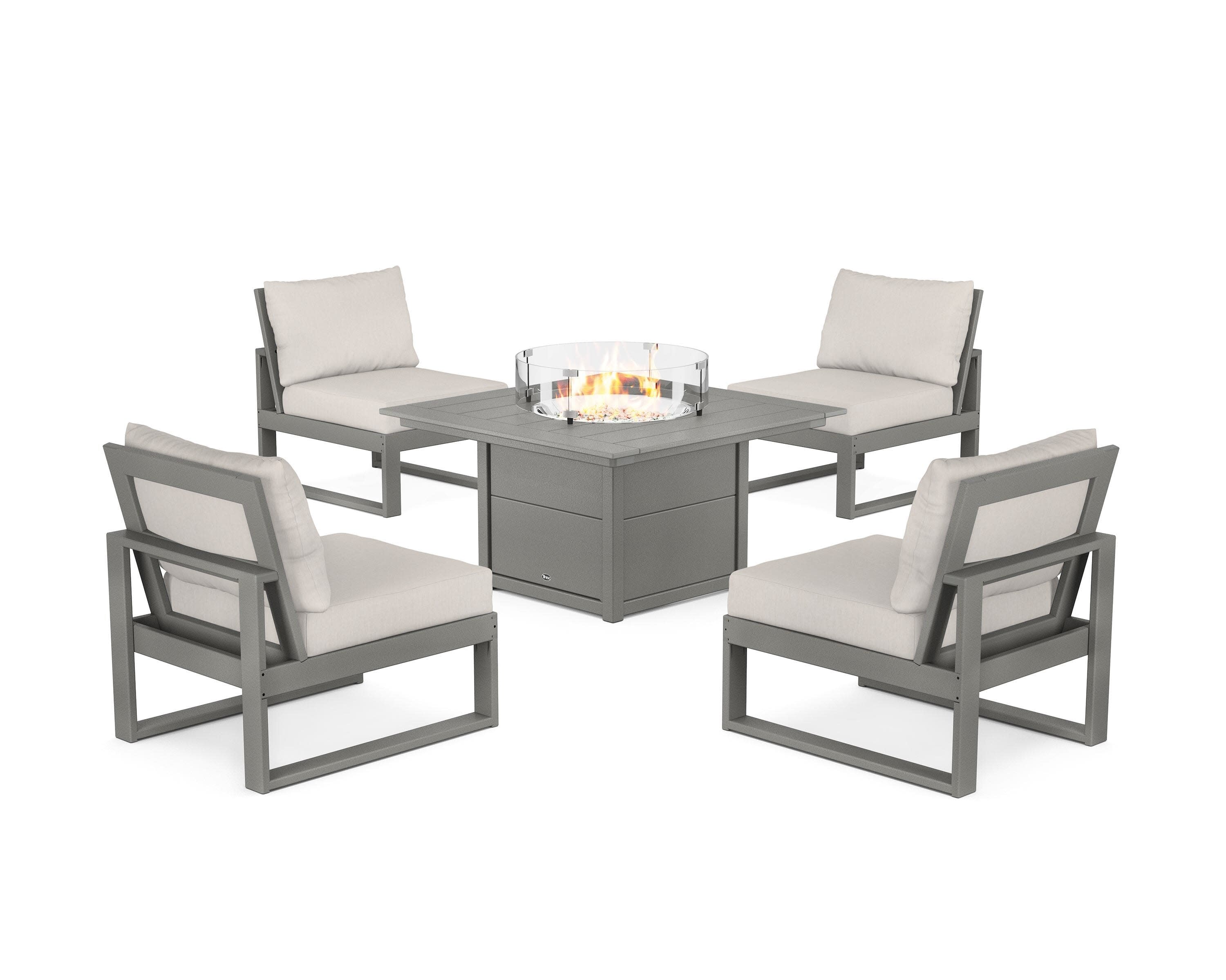 Eastport Modular 5-Piece Deep Seating Set with Square Fire Pit Table in Stepping Stone / Cast Ash