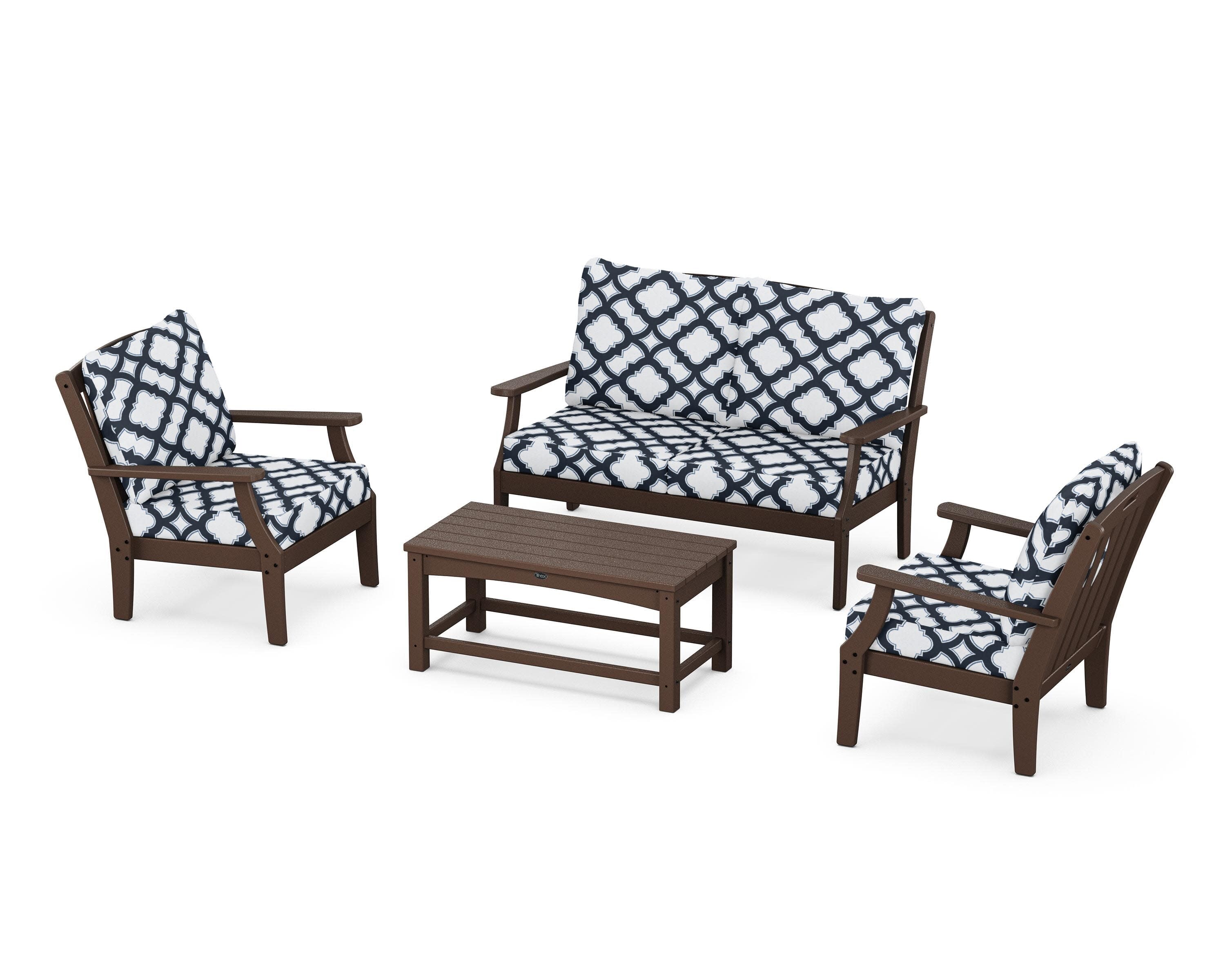 Yacht Club 4-Piece Deep Seating Chair Set in Vintage Lantern / Trellis Marine Indigo