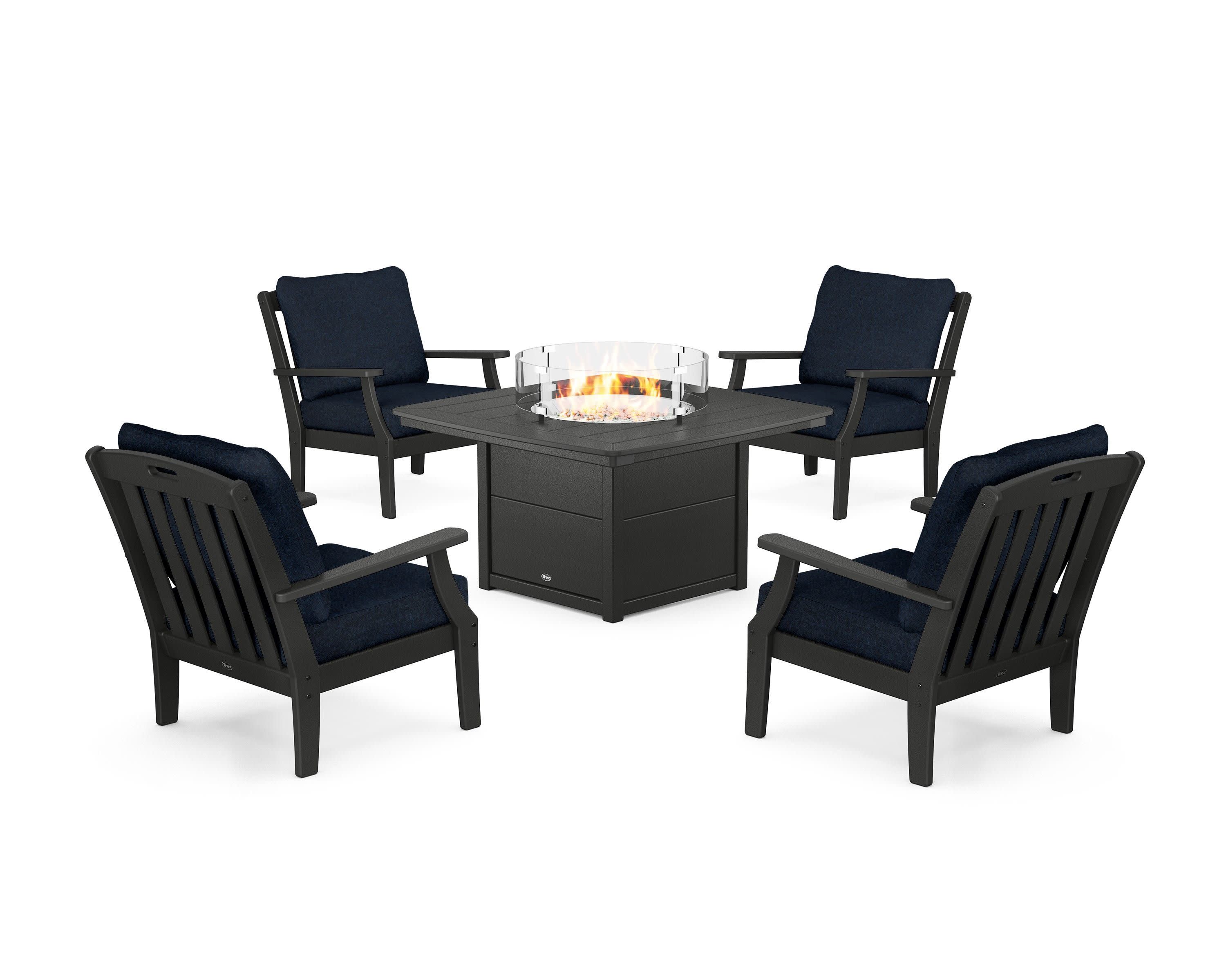Yacht Club 5-Piece Deep Seating Set with Fire Pit Table in Charcoal Black / Marine Indigo