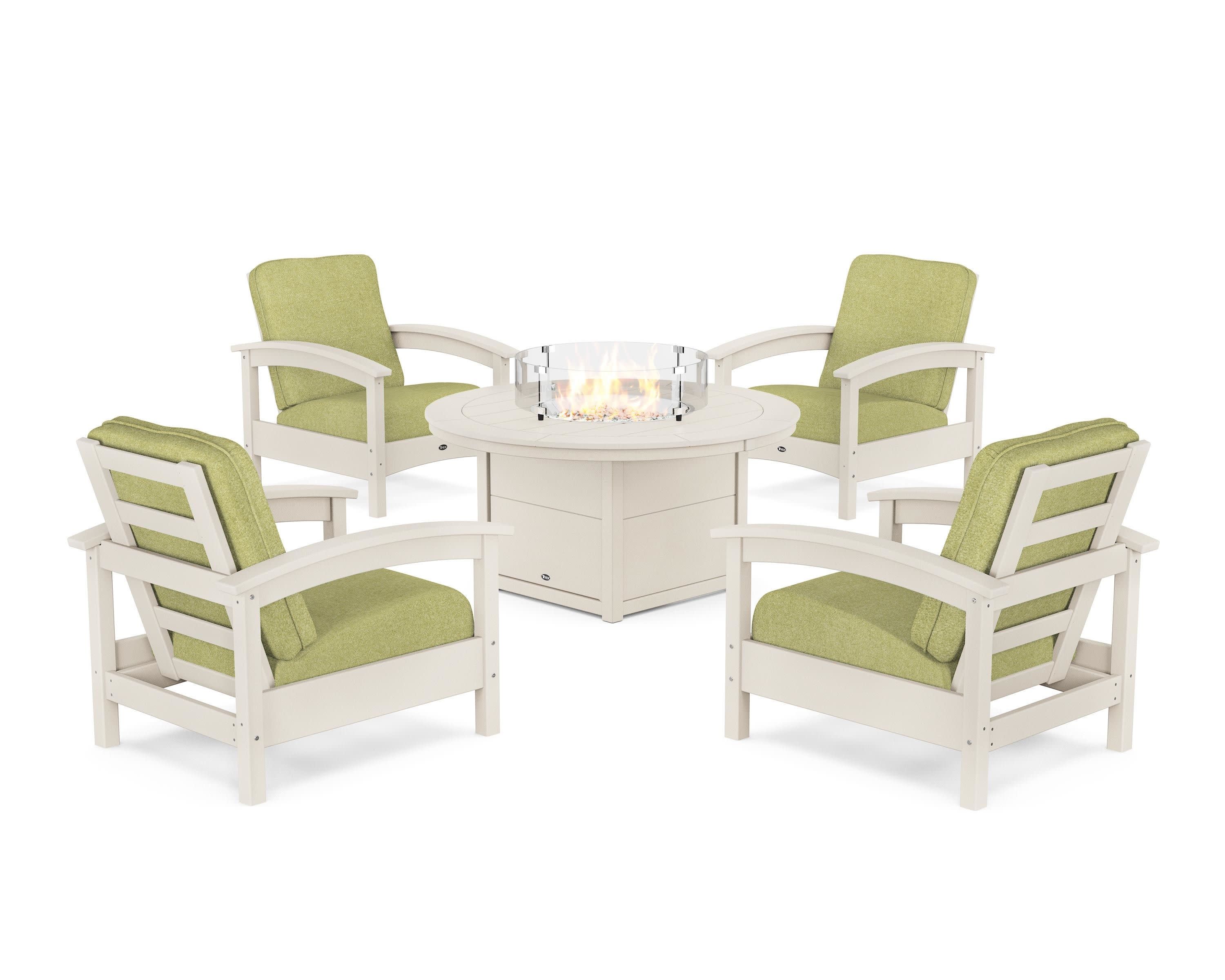 Rockport 5-Piece Deep Seating Set with Round Fire Pit Table in Sand Castle / Chartreuse Boucle