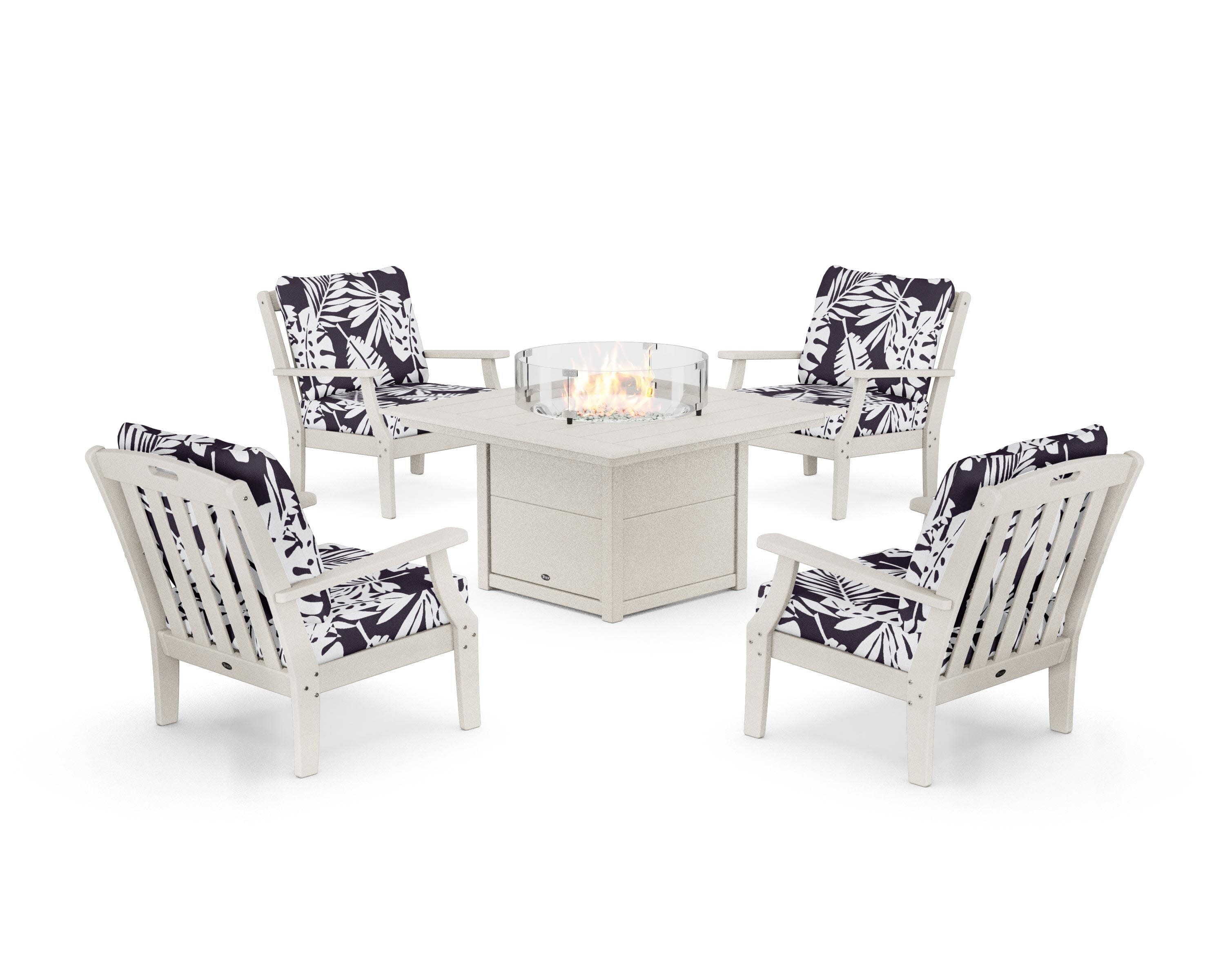 Yacht Club 5-Piece Deep Seating Set with Square Fire Pit Table in Sand Castle / Leaf Navy