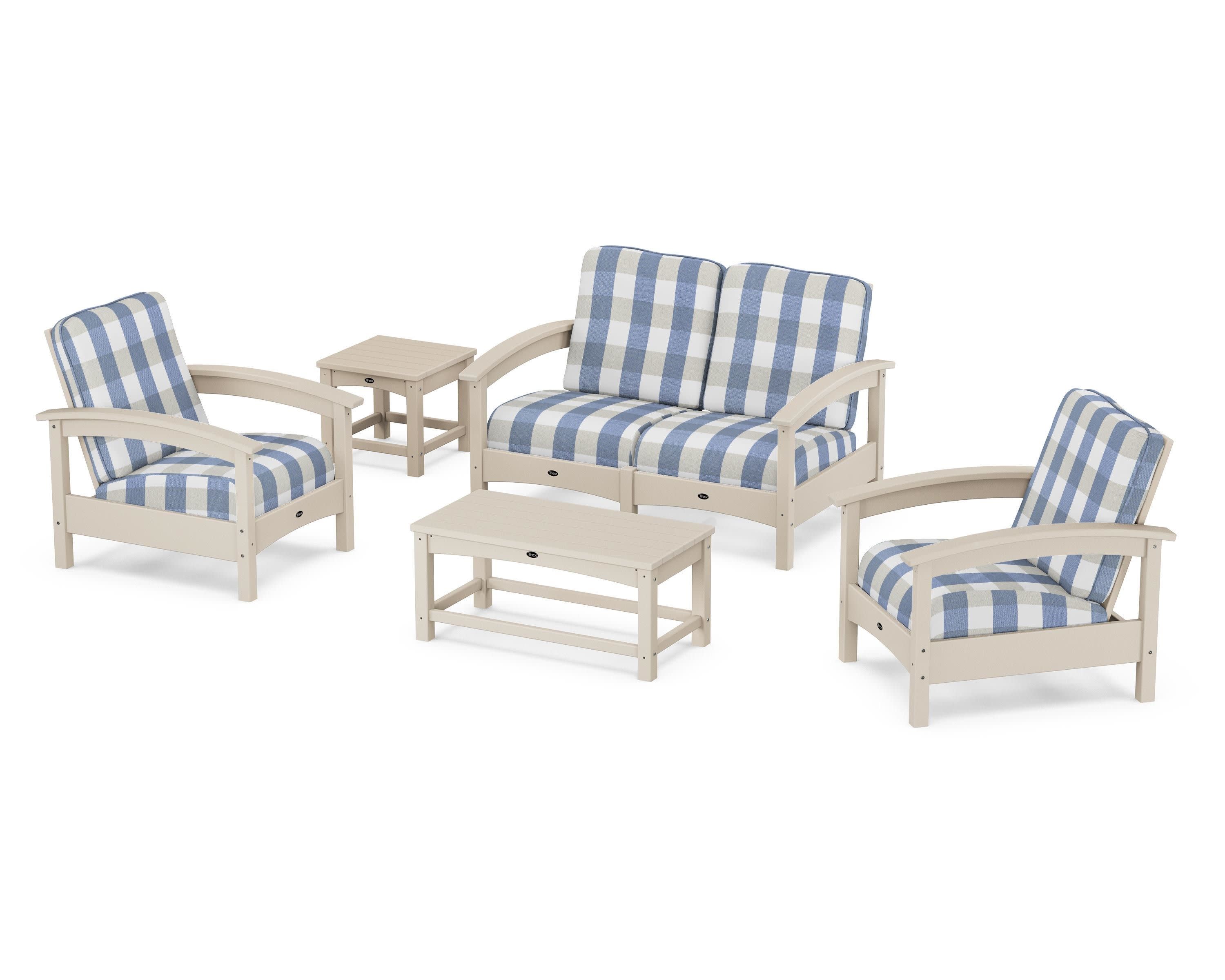 Rockport Club 6-Piece Deep Seating Conversation Set in Sand Castle / Buffalo Plaid Sky Blue