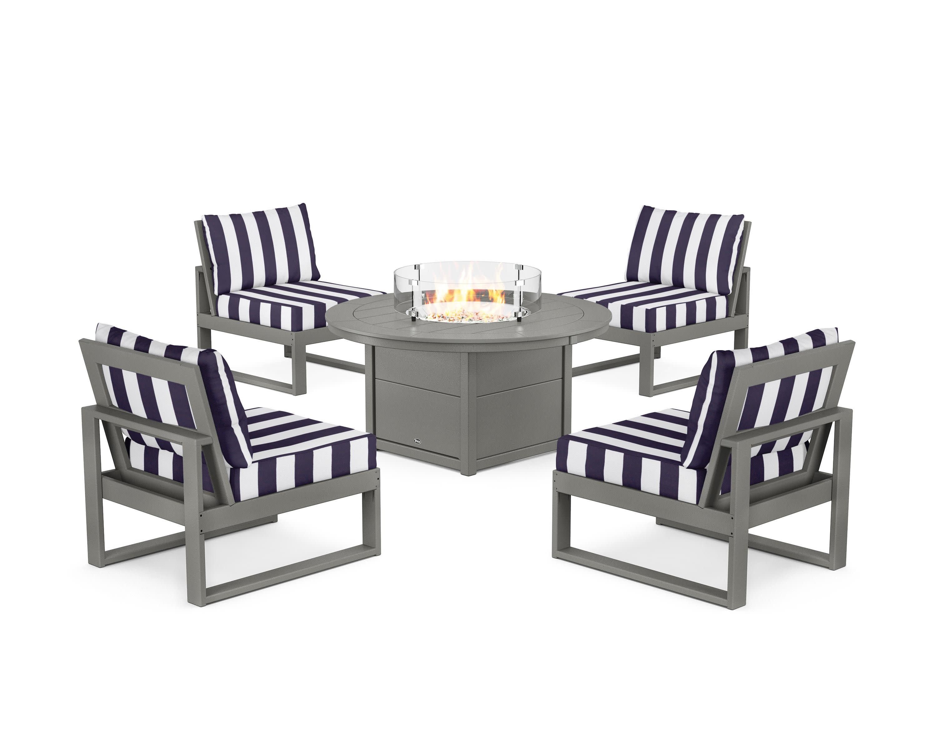 Eastport Modular 5-Piece Deep Seating Set with Round Fire Pit Table in Stepping Stone / Cabana Stripe Navy