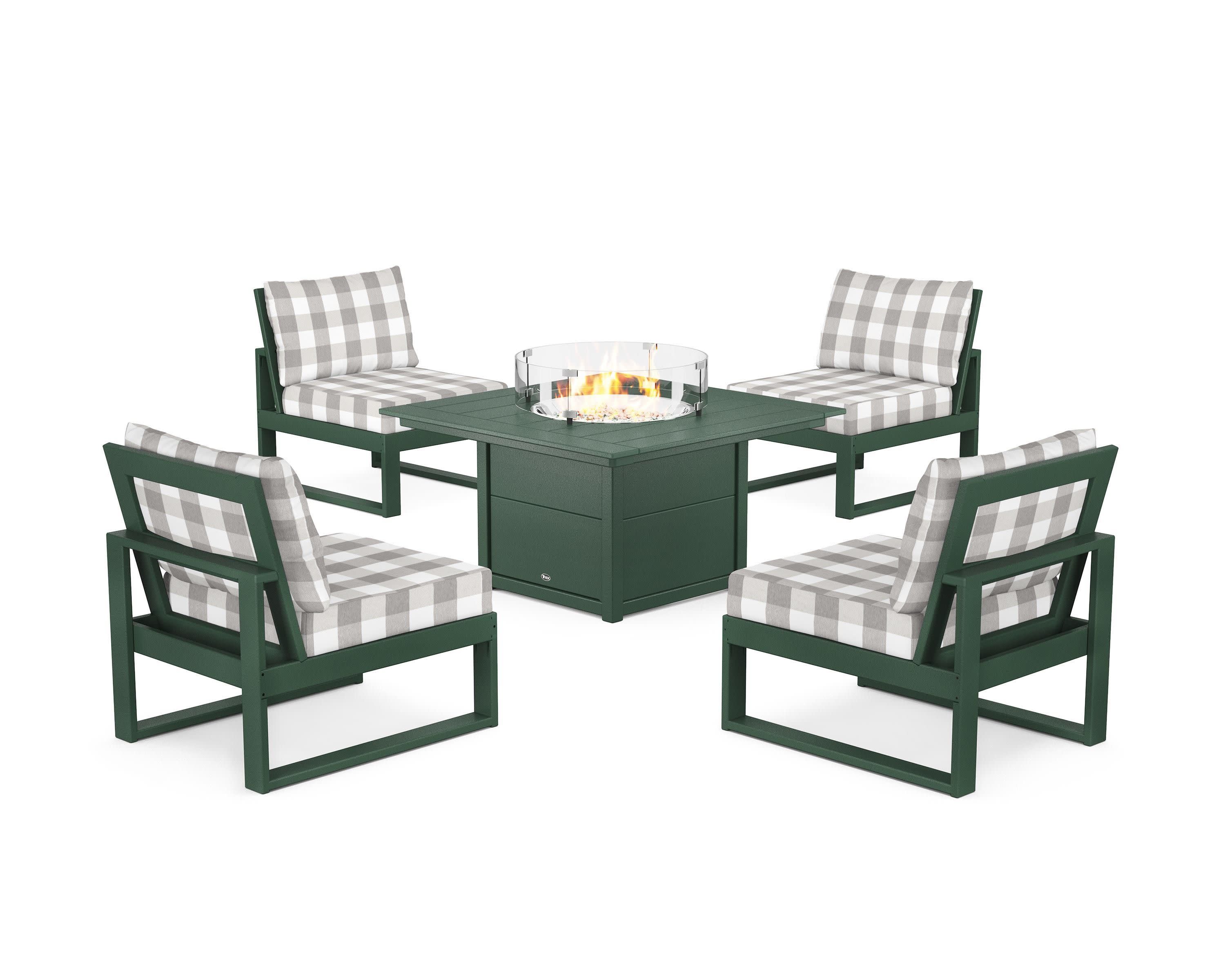 Eastport Modular 5-Piece Deep Seating Set with Square Fire Pit Table in Rainforest Canopy / Buffalo Plaid Grey Mist