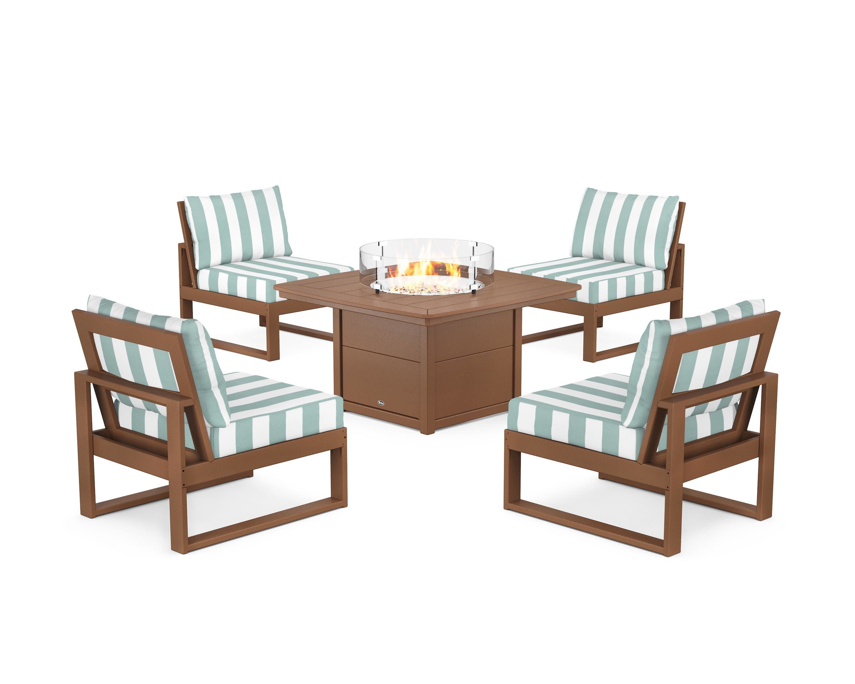 Eastport Modular 5-Piece Deep Seating Set with Yacht Club Fire Pit Table in Tree House / Cabana Stripe Glacier Spa
