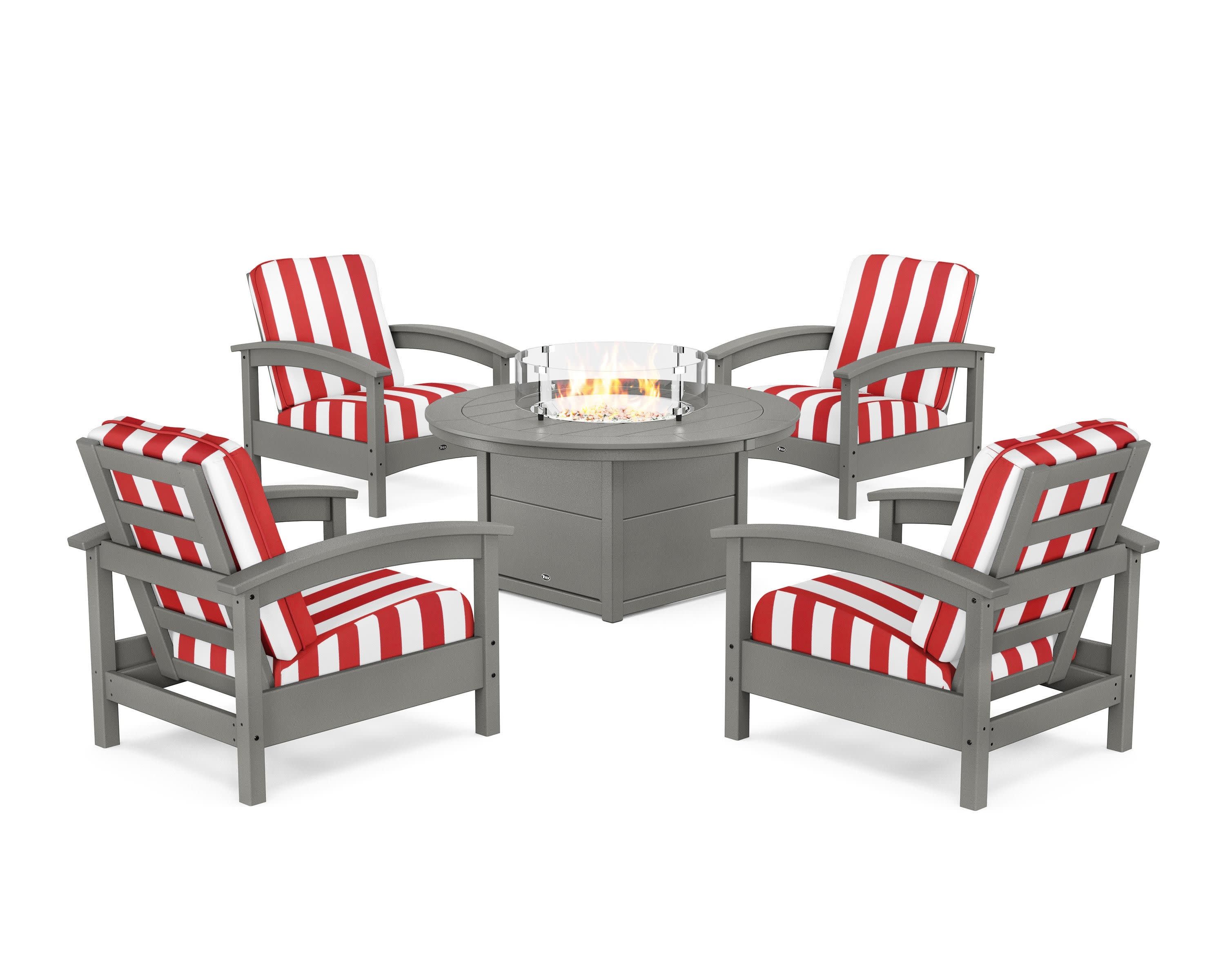 Rockport 5-Piece Deep Seating Set with Round Fire Pit Table in Stepping Stone / Cabana Stripe Crimson