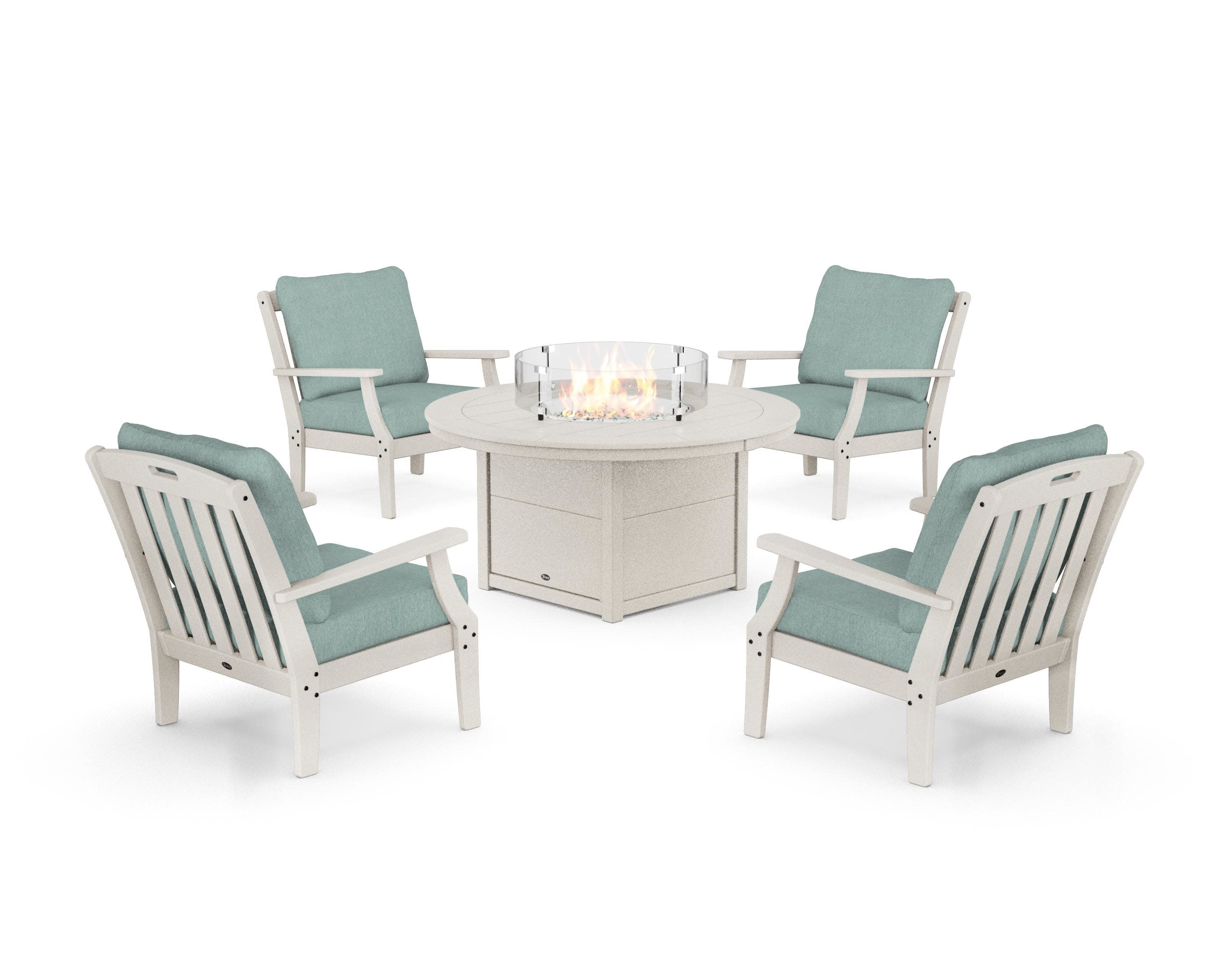 Yacht Club 5-Piece Deep Seating Set with Round Fire Pit Table in Sand Castle / Glacier Spa