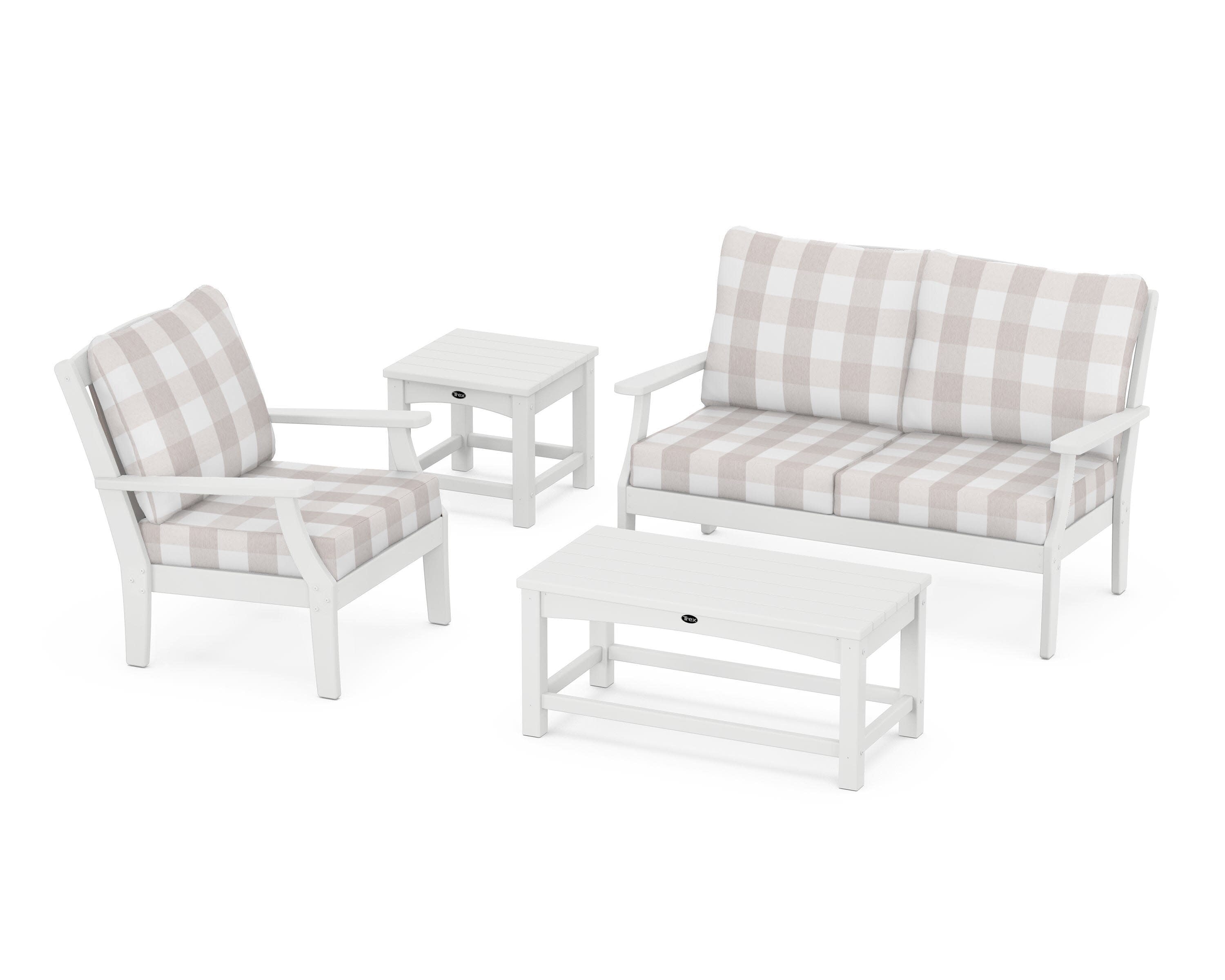 Yacht Club 4-Piece Deep Seating Set in Classic White / Buffalo Plaid Dune Burlap