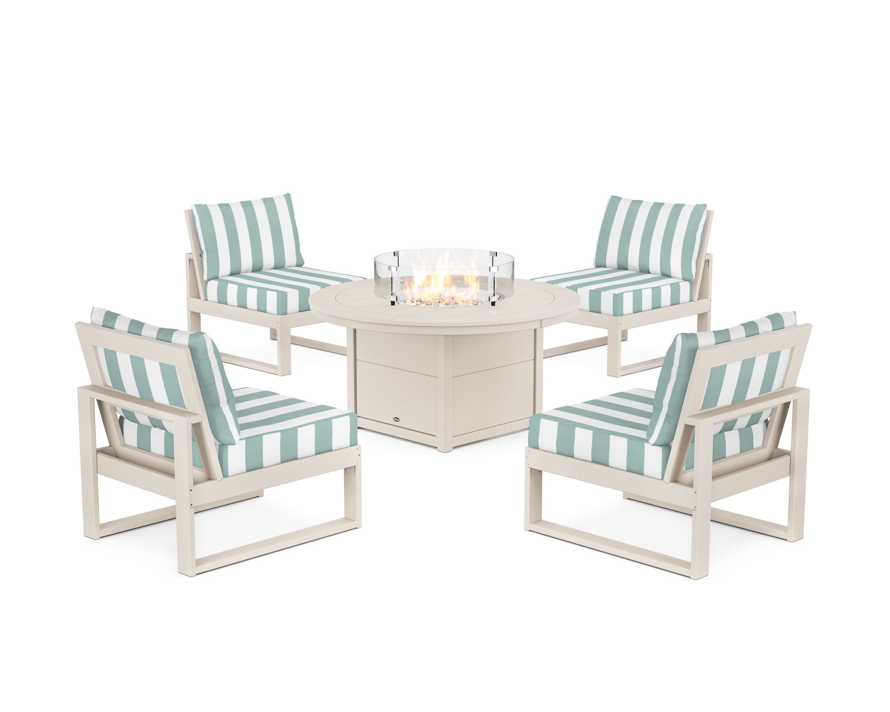 Eastport Modular 5-Piece Deep Seating Set with Round Fire Pit Table in Sand Castle / Cabana Stripe Glacier Spa
