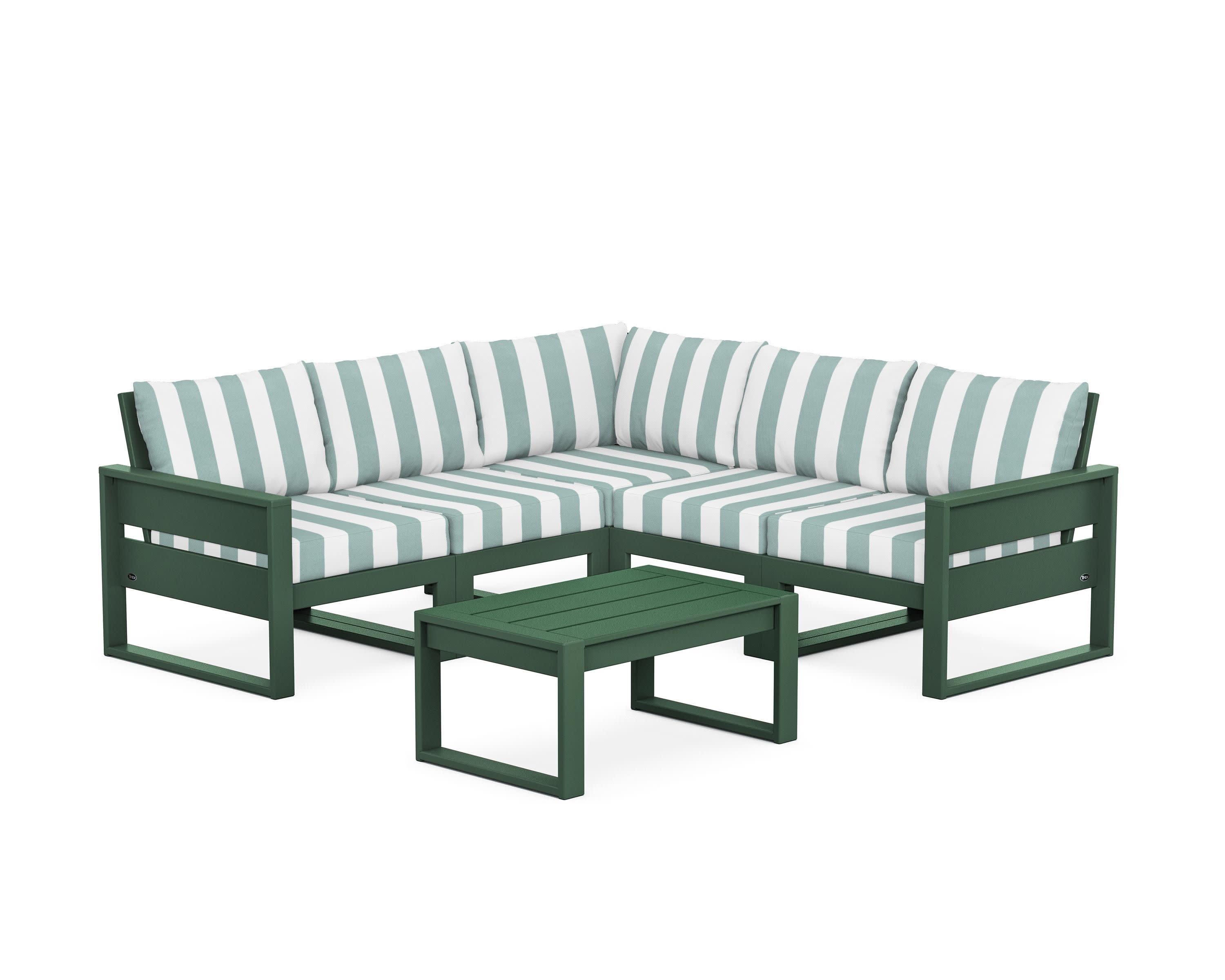 Eastport 6-Piece Deep Seating Sectional + Coffee Table Set in Rainforest Canopy / Cabana Stripe Glacier Spa