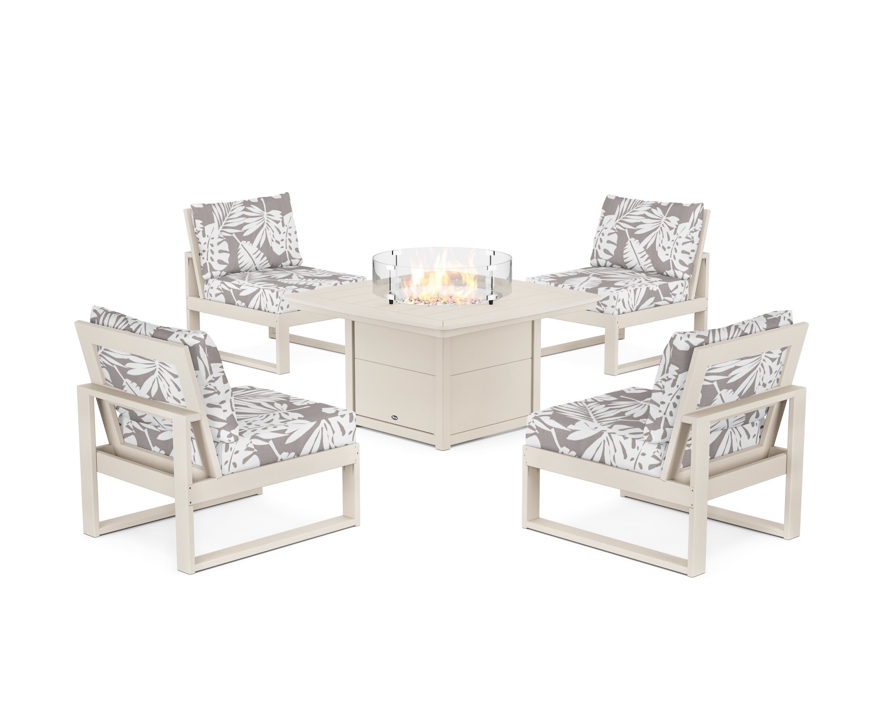 Eastport Modular 5-Piece Deep Seating Set with Yacht Club Fire Pit Table in Sand Castle / Leaf Grey Mist