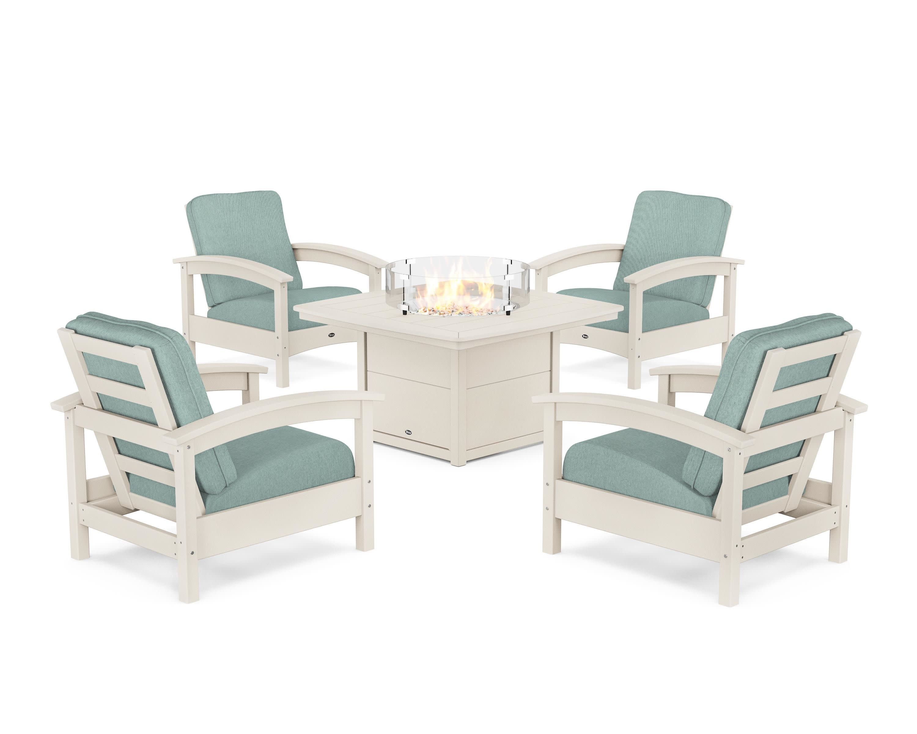 Rockport 5-Piece Deep Seating Set with Yacht Club Fire Pit Table in Sand Castle / Glacier Spa