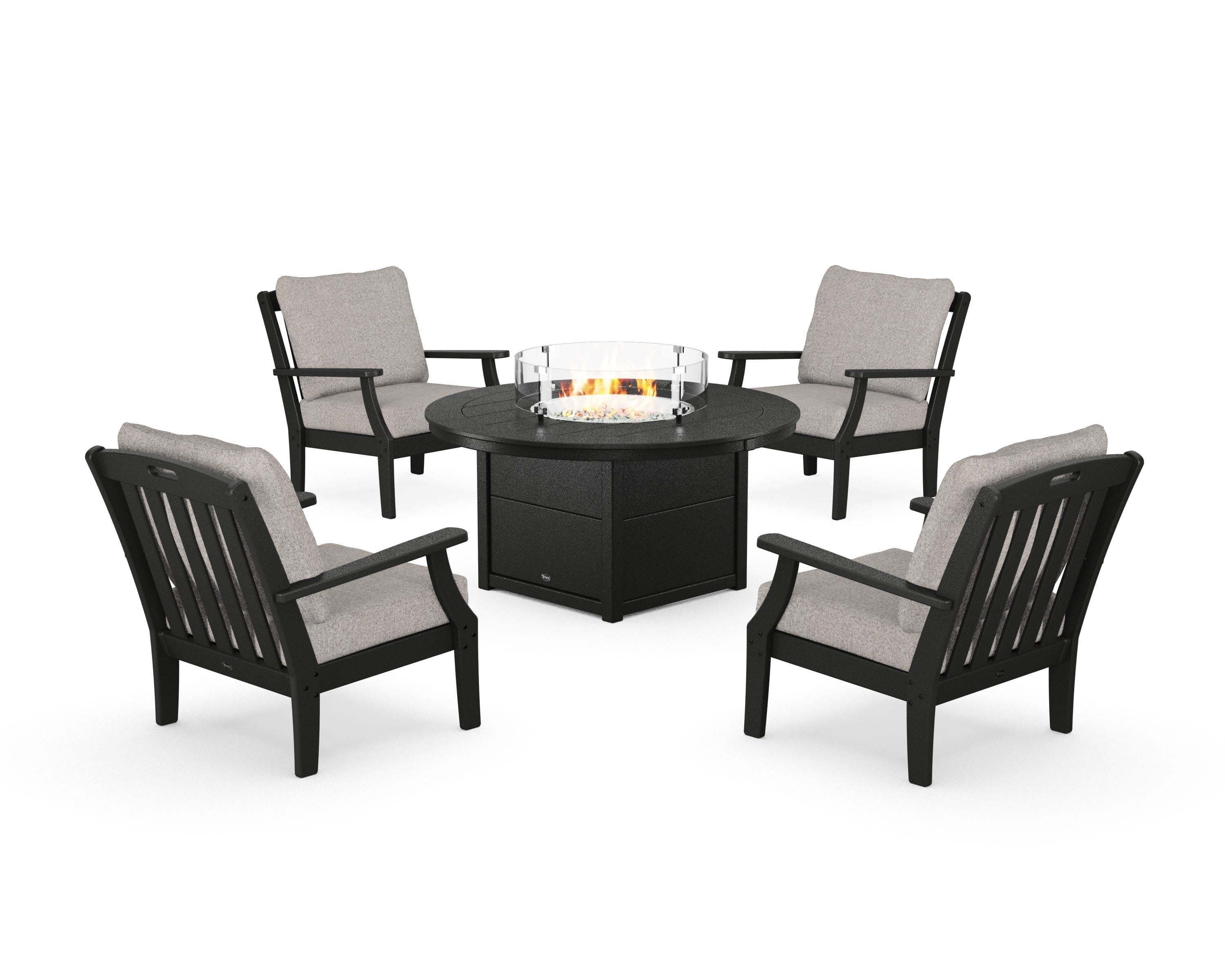Yacht Club 5-Piece Deep Seating Set with Round Fire Pit Table in Charcoal Black / Weathered Tweed