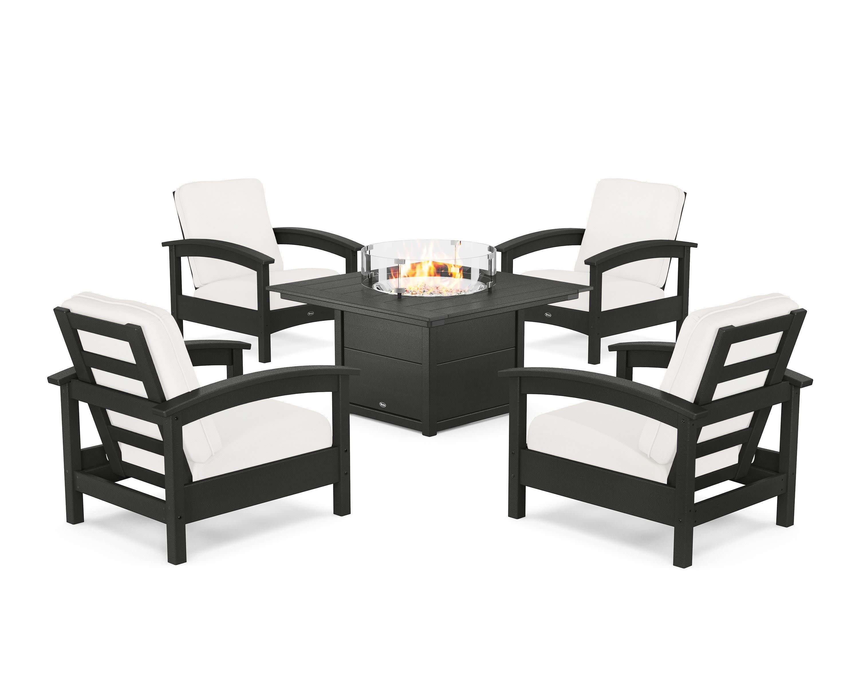 Rockport 5-Piece Deep Seating Set with Square Fire Pit Table in Charcoal Black / Natural Linen