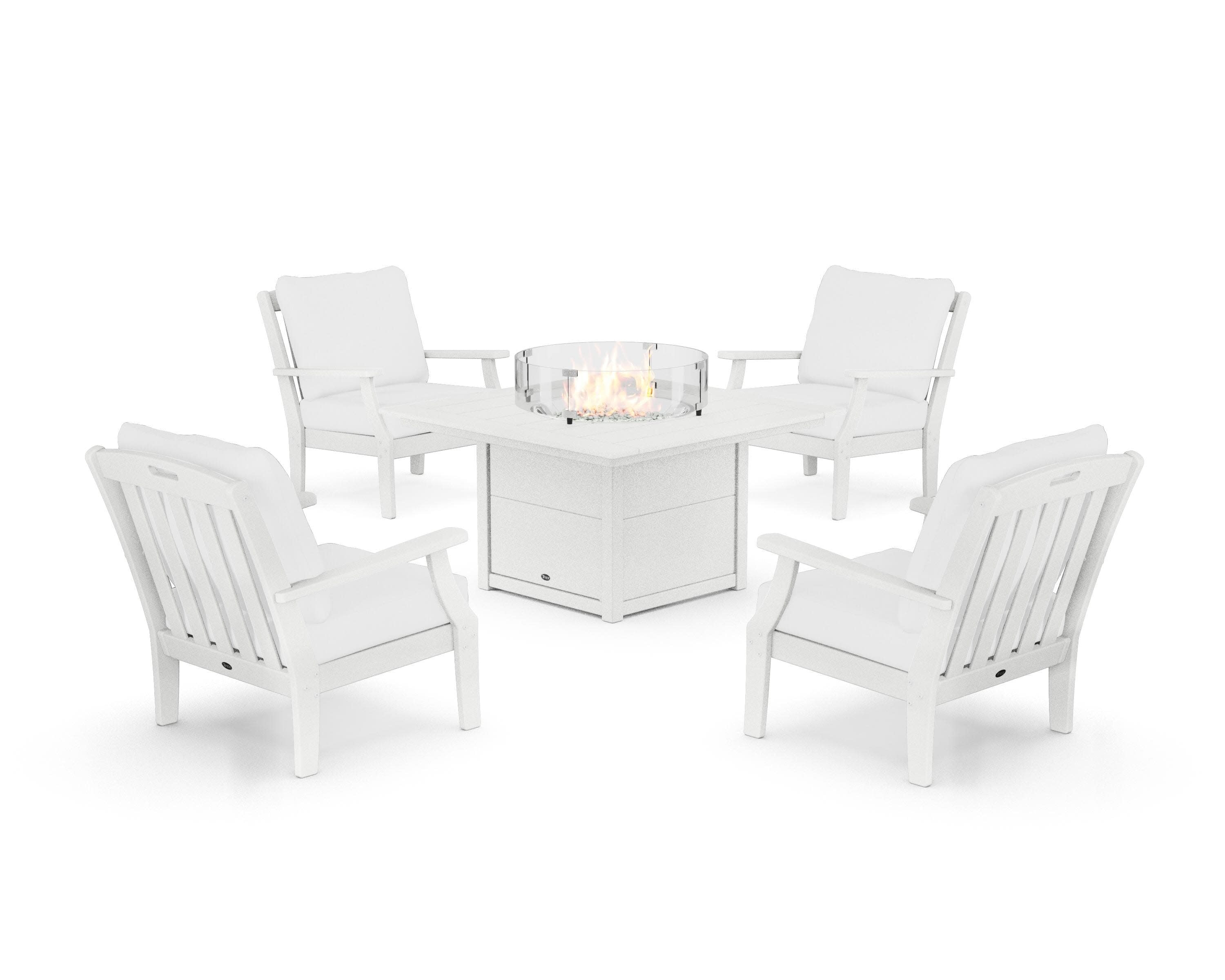 Yacht Club 5-Piece Deep Seating Set with Square Fire Pit Table in Classic White / Natural