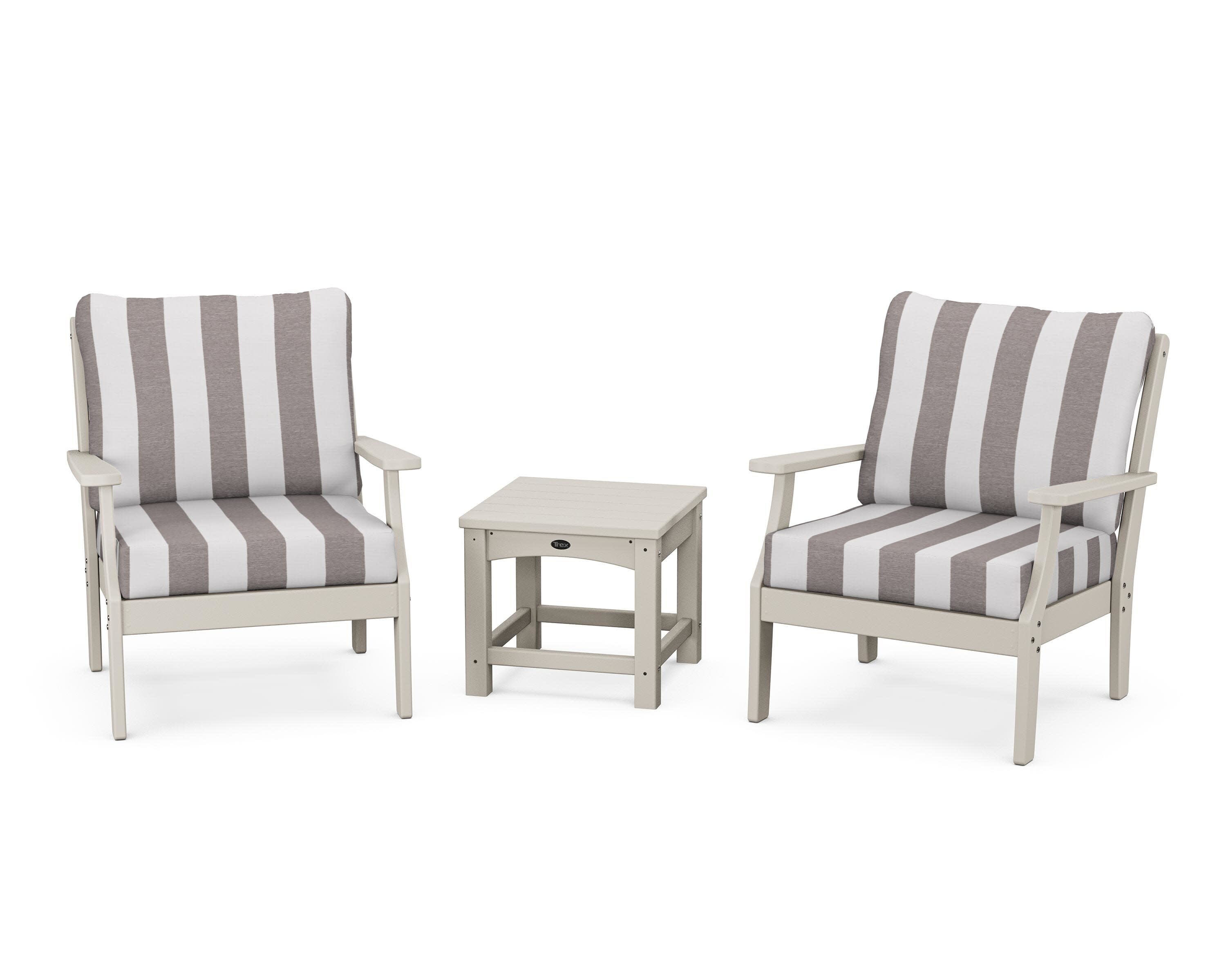 Yacht Club 3-Piece Deep Seating Set in Sand Castle / Cabana Stripe Grey Mist