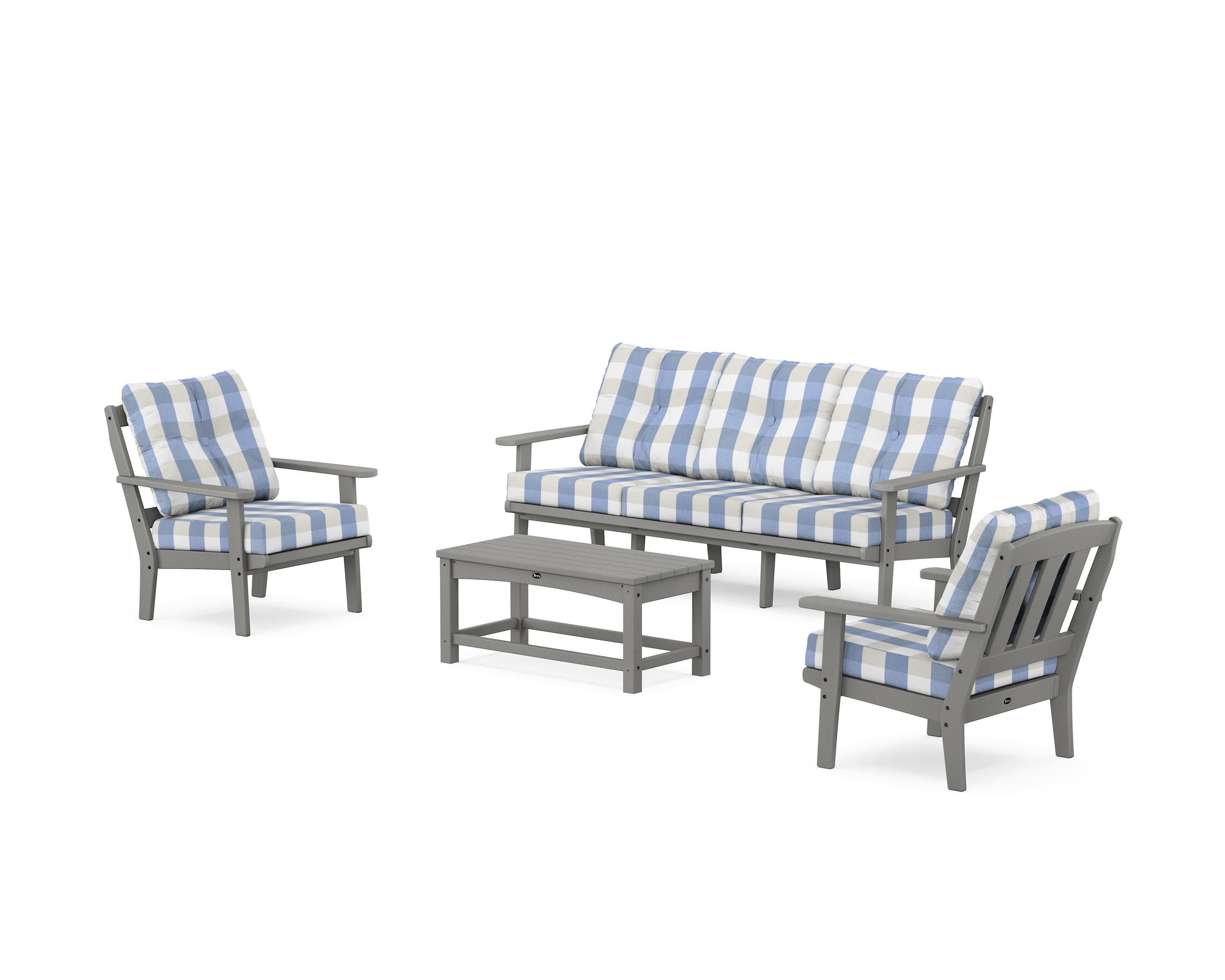 Cape Cod 4-Piece Deep Seating Set with Sofa in Stepping Stone / Buffalo Plaid Sky Blue