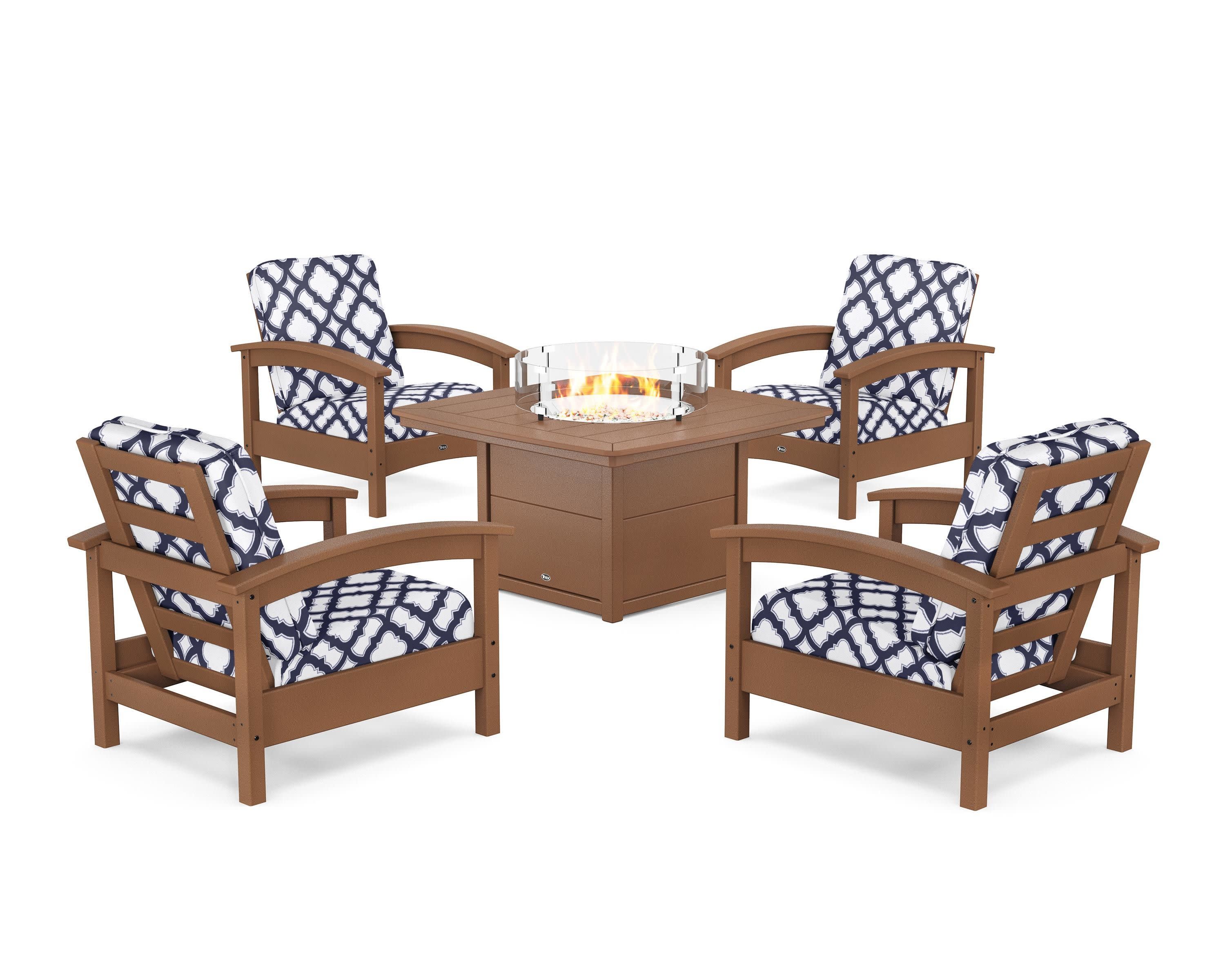 Rockport 5-Piece Deep Seating Set with Yacht Club Fire Pit Table in Tree House / Trellis Navy