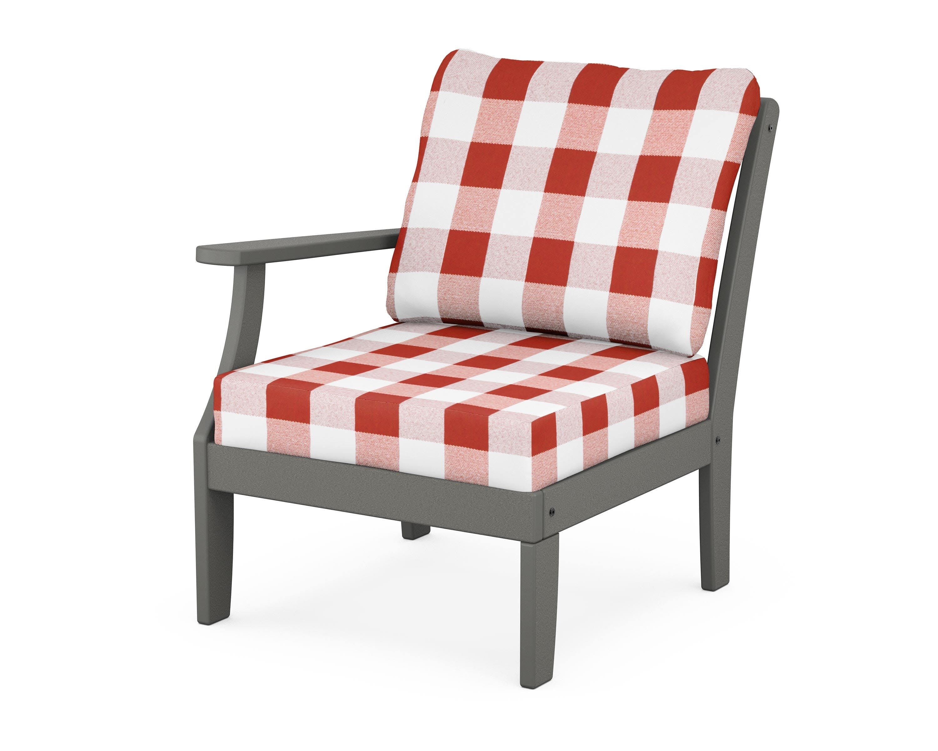 Yacht Club Modular Left Arm Chair in Stepping Stone / Buffalo Plaid Crimson