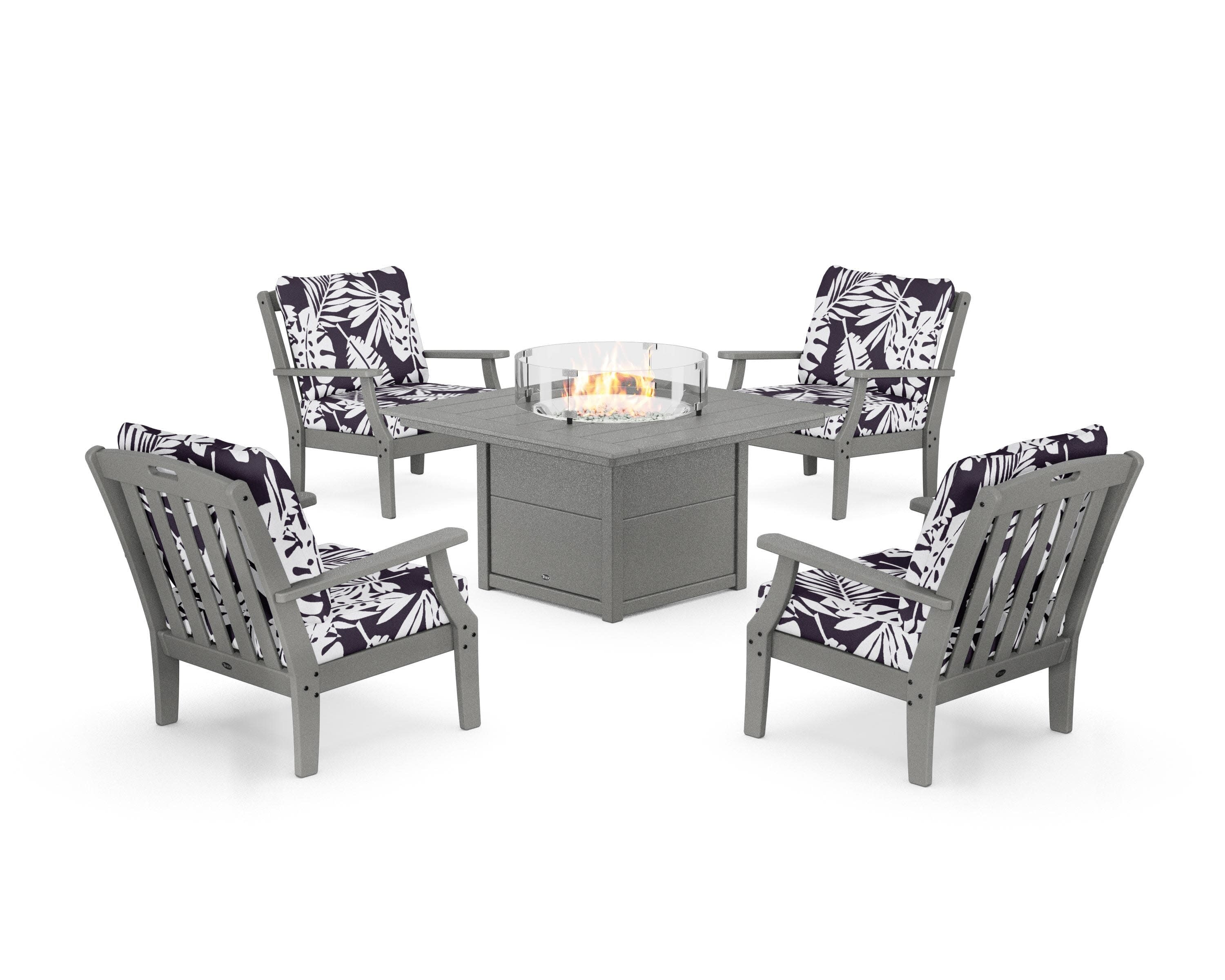 Yacht Club 5-Piece Deep Seating Set with Square Fire Pit Table in Stepping Stone / Leaf Navy