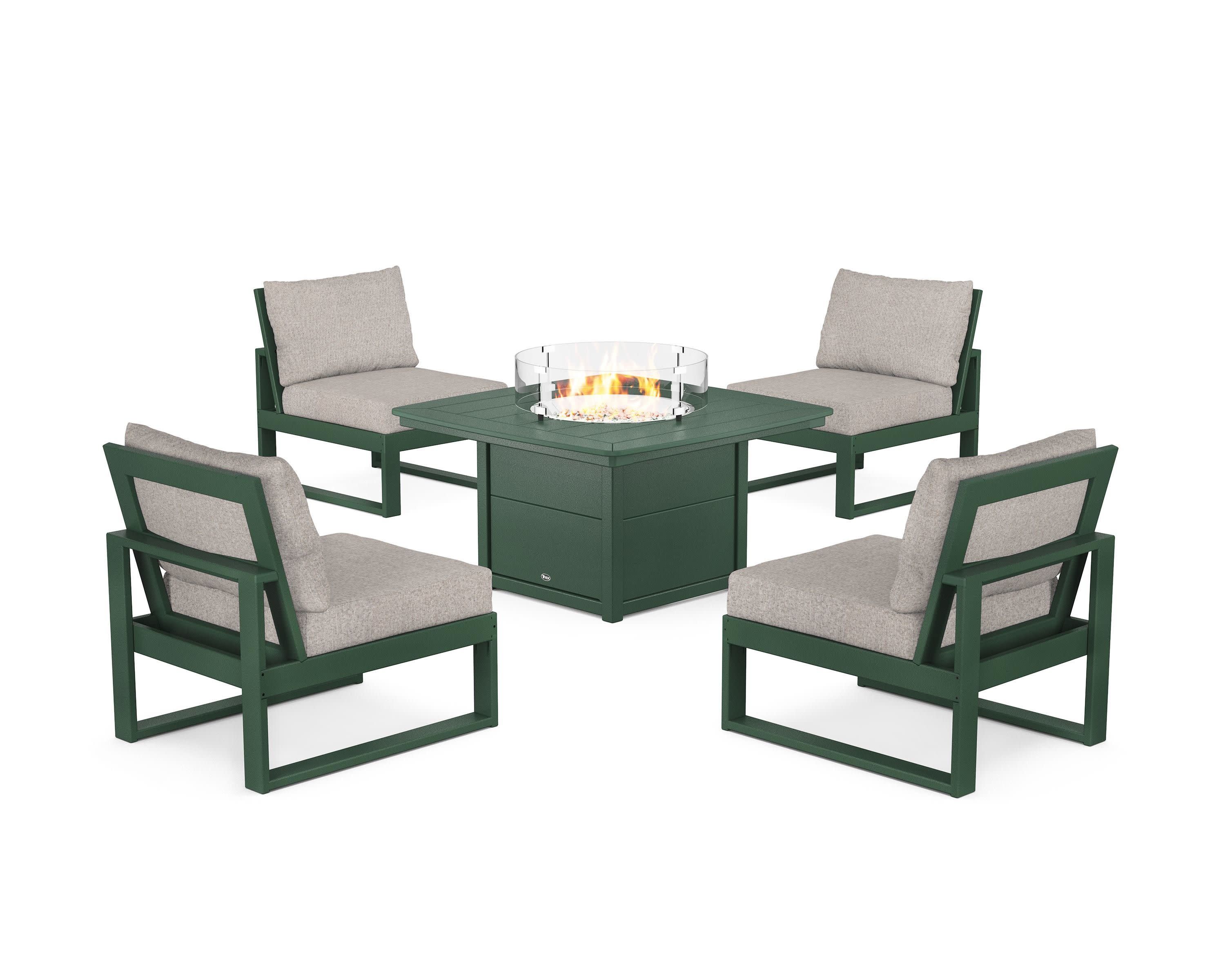 Eastport Modular 5-Piece Deep Seating Set with Yacht Club Fire Pit Table in Rainforest Canopy / Weathered Tweed