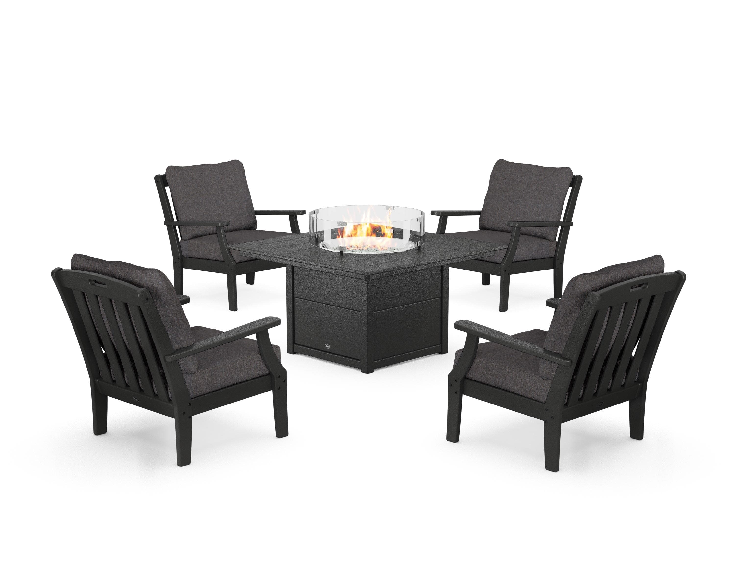 Yacht Club 5-Piece Deep Seating Set with Square Fire Pit Table in Charcoal Black / Ash Charcoal