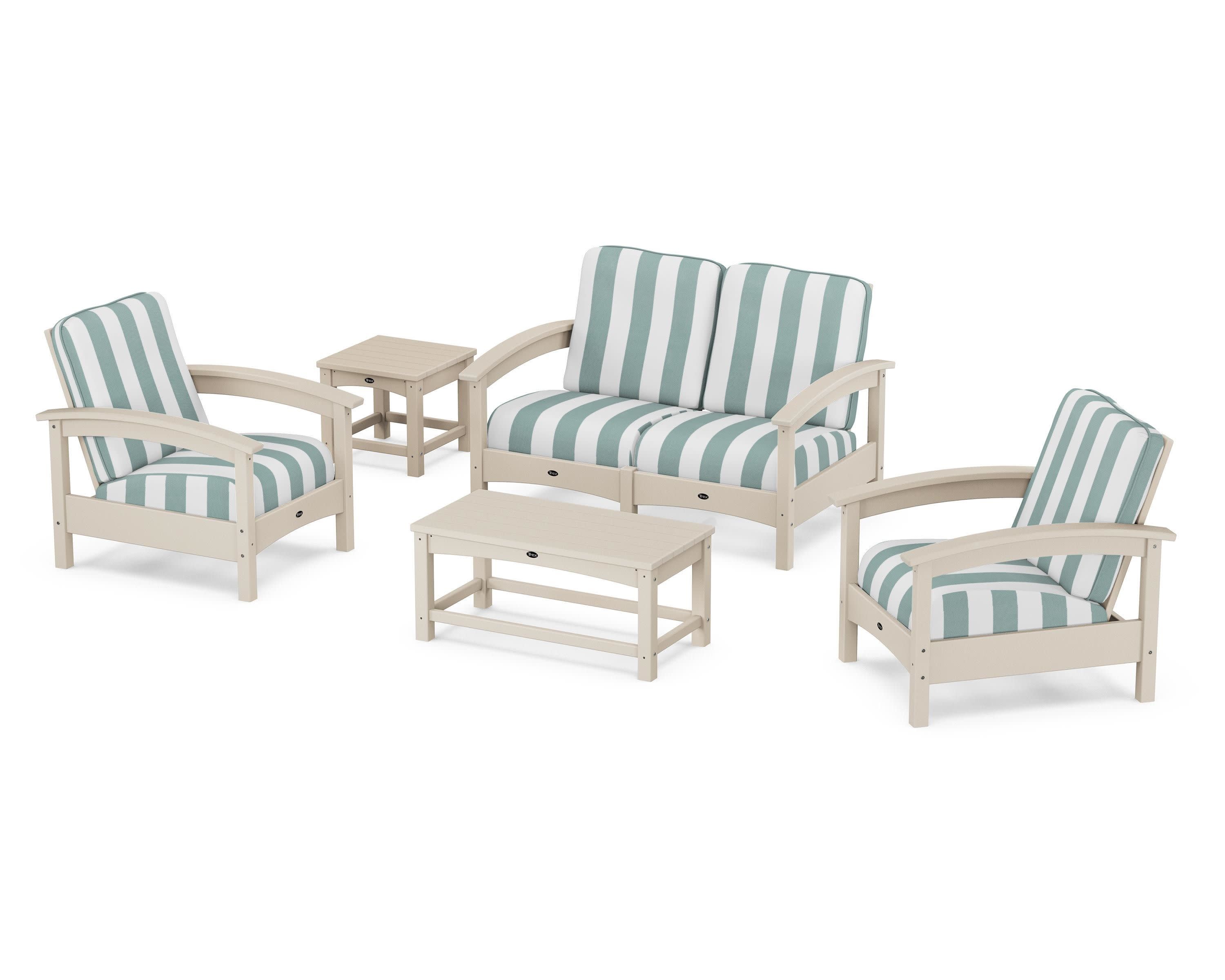 Rockport Club 6-Piece Deep Seating Conversation Set in Sand Castle / Cabana Stripe Glacier Spa