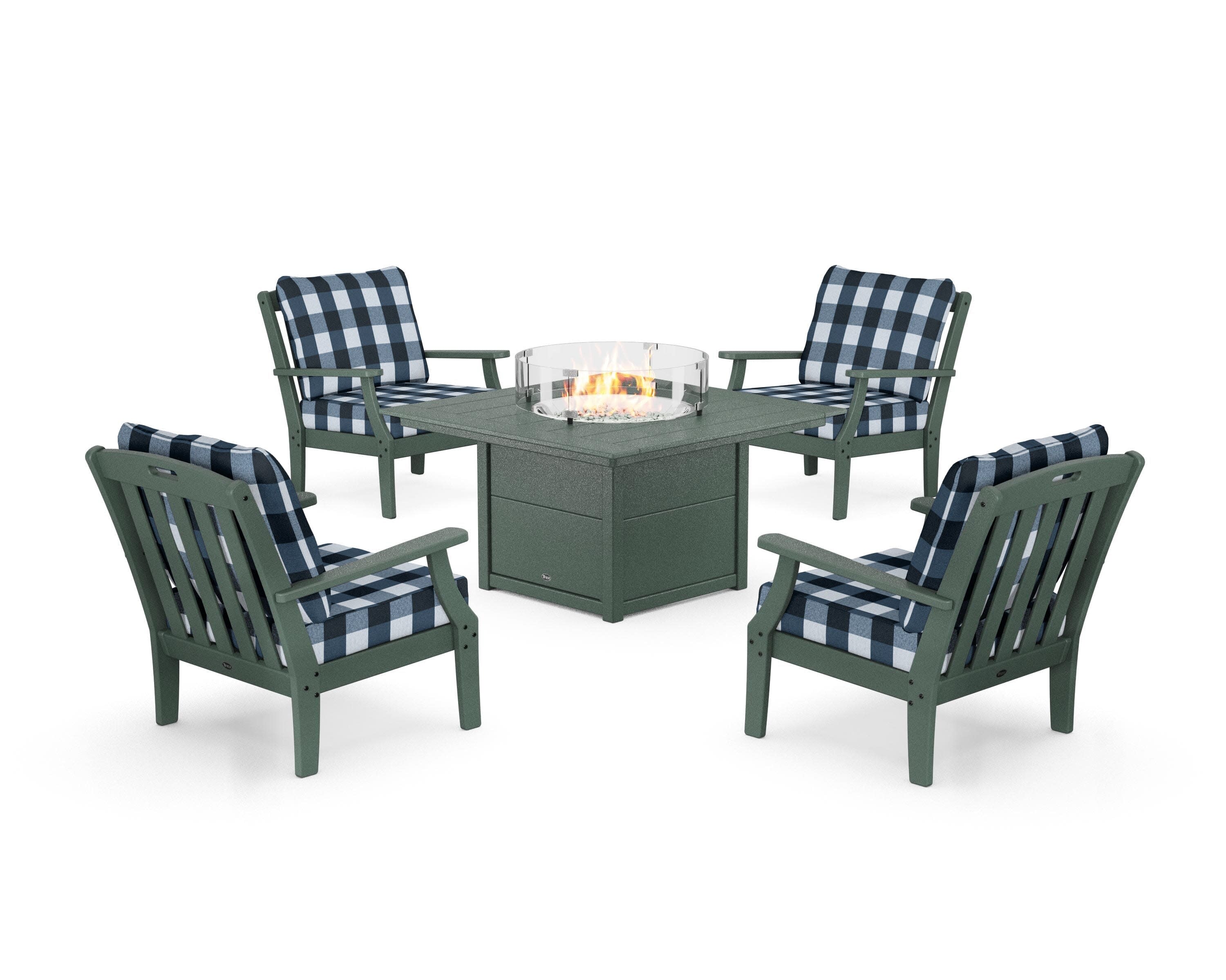 Yacht Club 5-Piece Deep Seating Set with Square Fire Pit Table in Rainforest Canopy / Buffalo Plaid Marine Indigo
