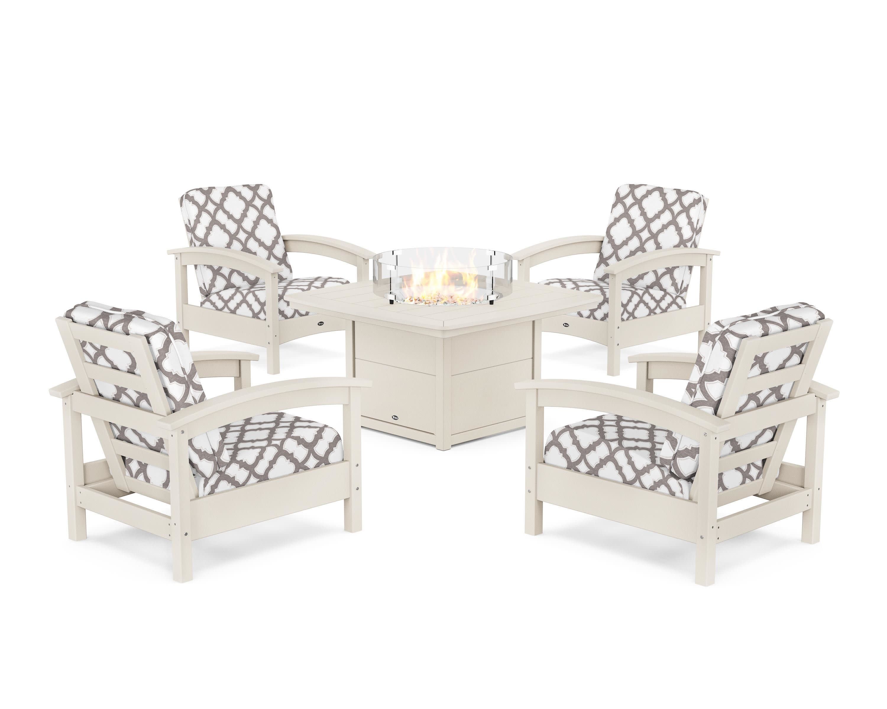 Rockport 5-Piece Deep Seating Set with Yacht Club Fire Pit Table in Sand Castle / Trellis Grey Mist